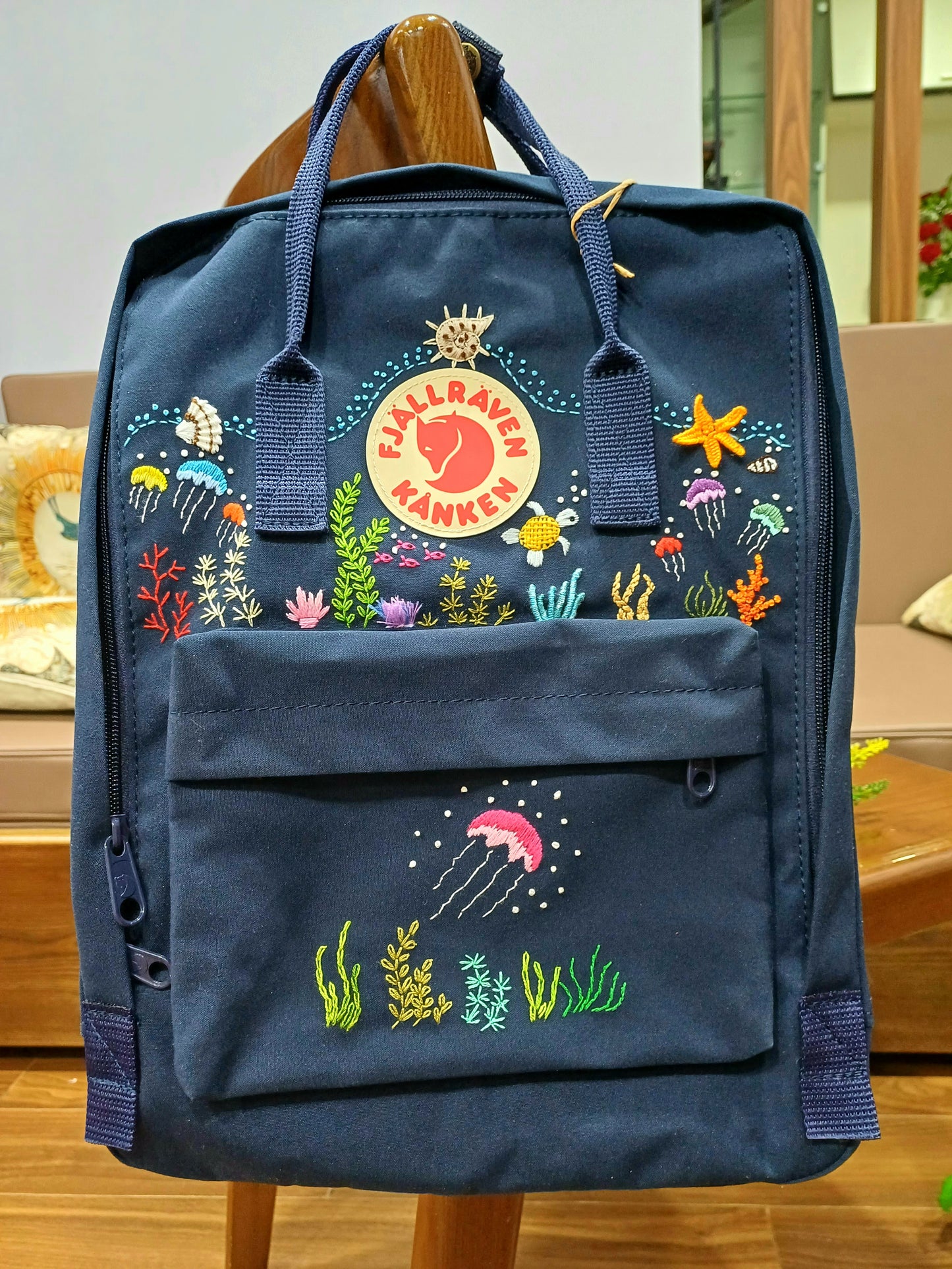 Fjallraven Kanken Backpack with Embroidered Jellyfish and Coral - Personalized Embroidered Backpack - Custom Bag for Women