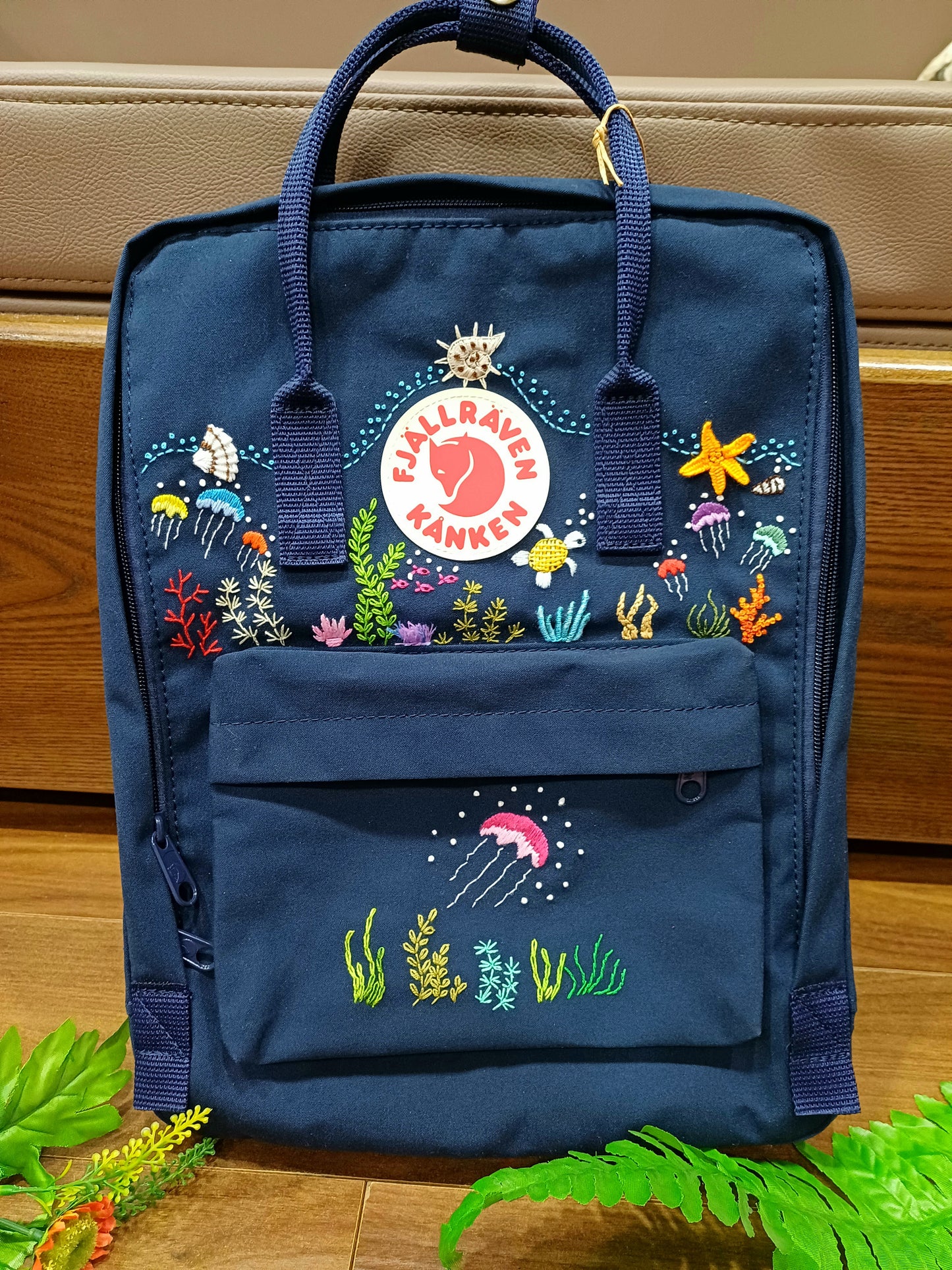 Fjallraven Kanken Backpack with Embroidered Jellyfish and Coral - Personalized Embroidered Backpack - Custom Bag for Women