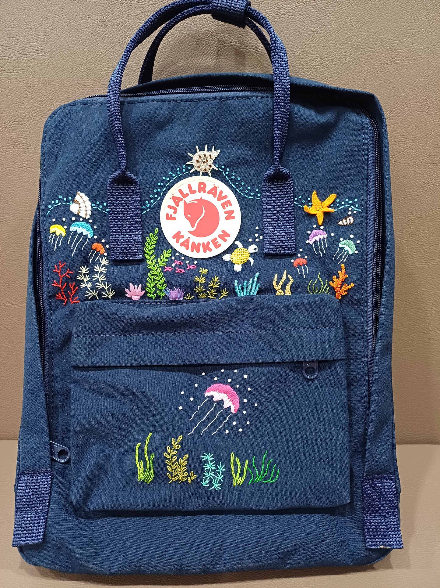 Fjallraven Kanken Backpack with Embroidered Jellyfish and Coral - Personalized Embroidered Backpack - Custom Bag for Women