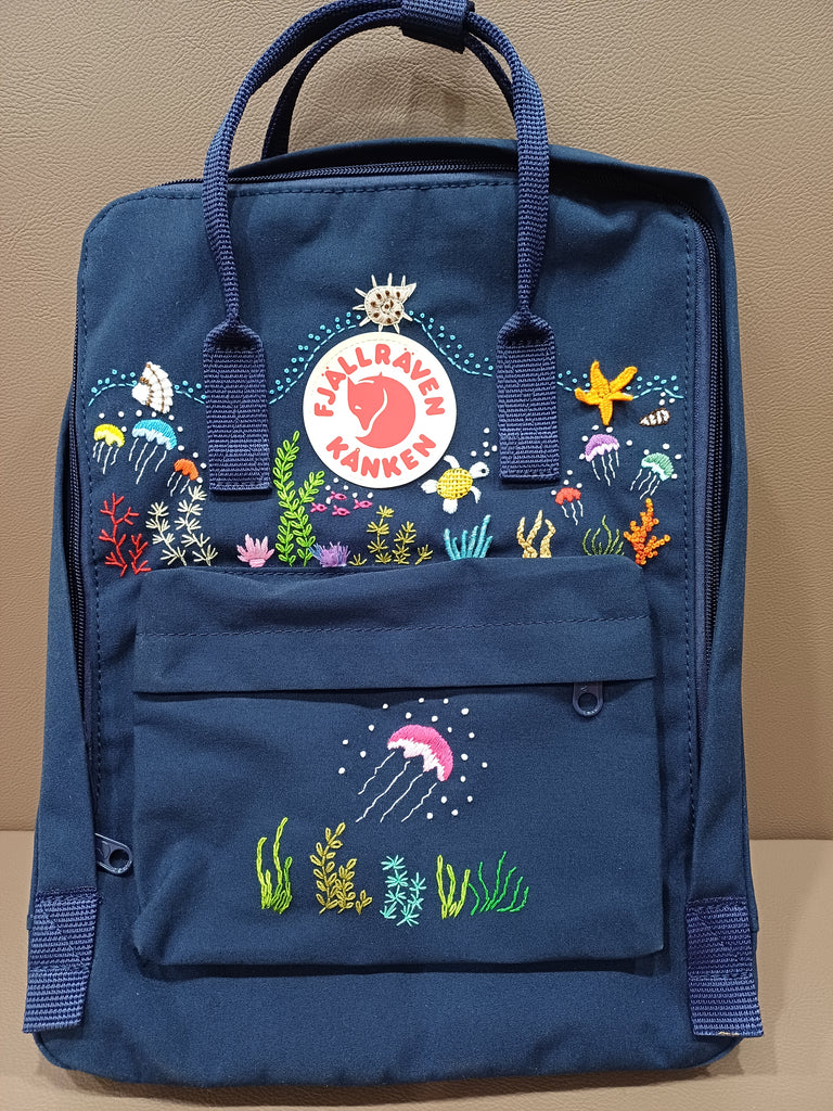  Fjallraven Kanken Backpack with Embroidered Jellyfish and Coral - Personalized Embroidered Backpack - Custom Bag for Women 