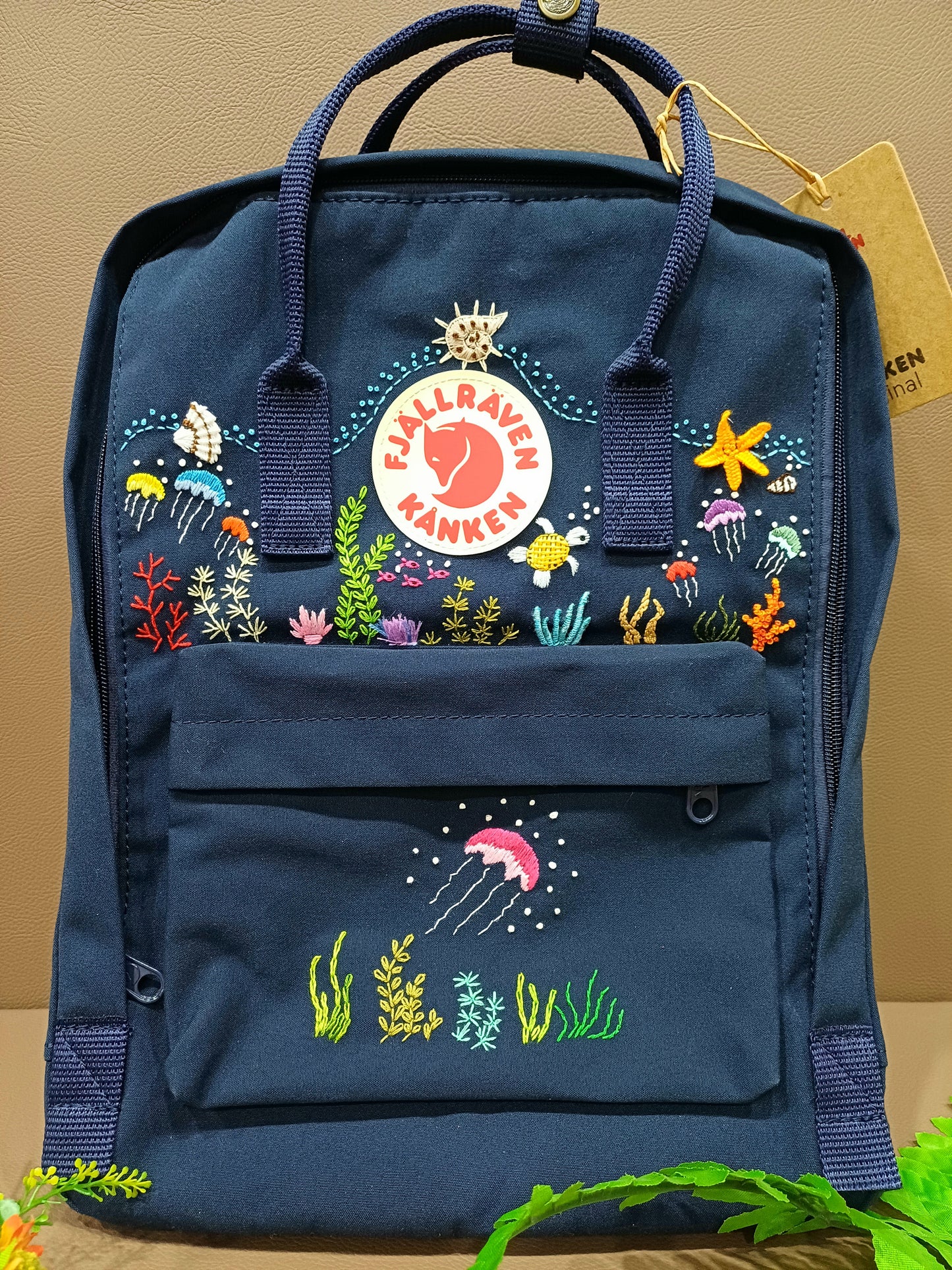 Fjallraven Kanken Backpack with Embroidered Jellyfish and Coral - Personalized Embroidered Backpack - Custom Bag for Women
