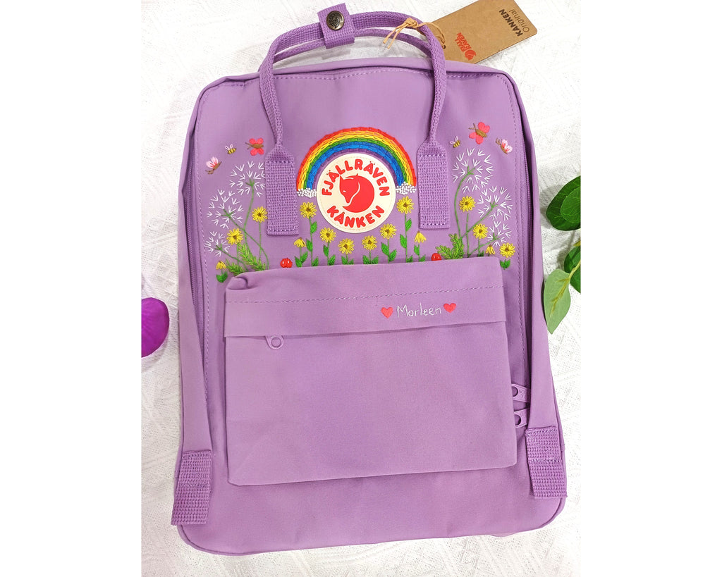  Custom Fjallraven Kanken Backpack – Rainbow, Sunflowers & Dandelions - Personalized Embroidered Backpack - Custom Bag for Women 