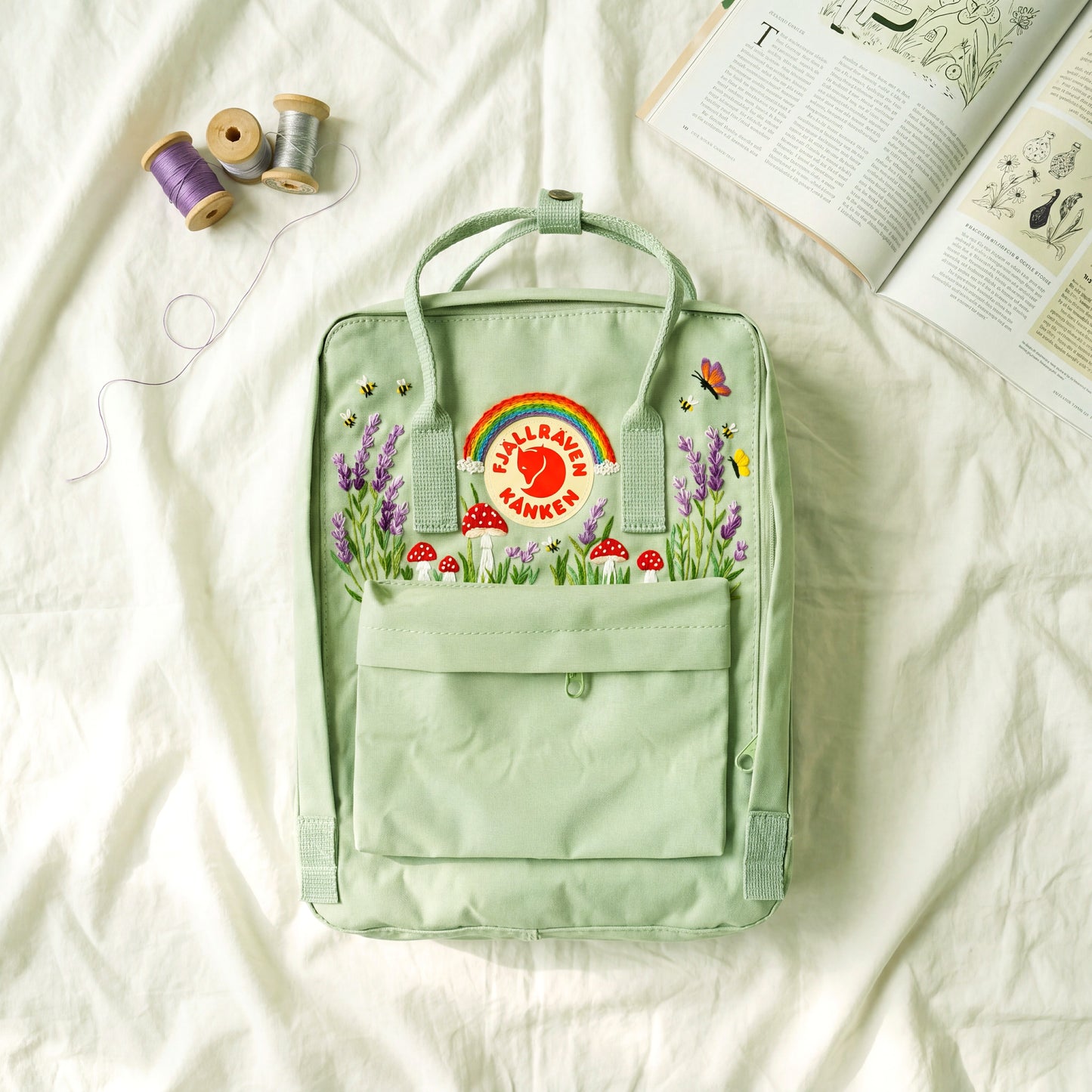 Fjallraven Kanken Rainbow Lavender Mushroom Embroidered Backpack | Lavender Mushroom Cottagecore Backpack | Cute Rainbow Floral School Bag