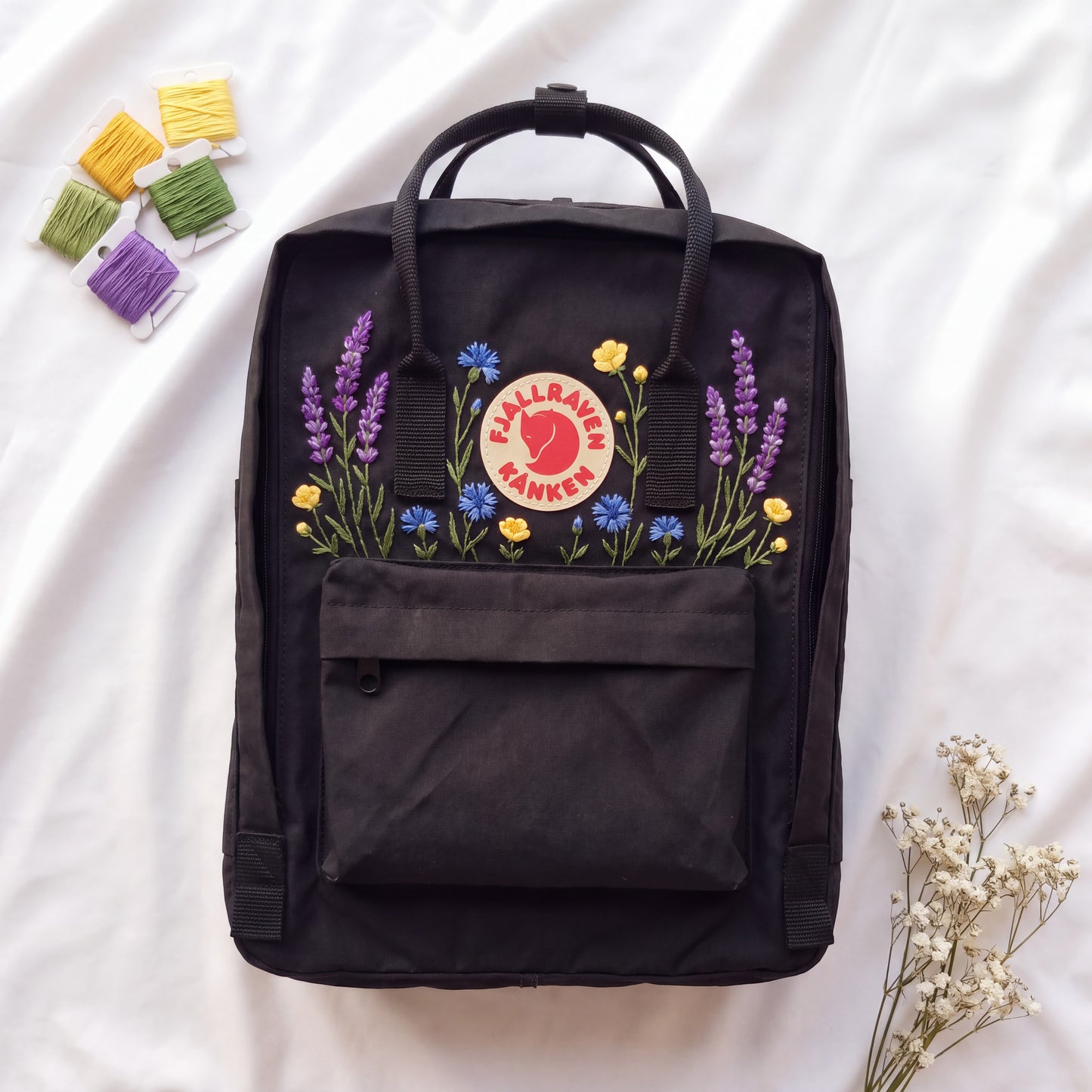 Fjallraven Kanken Backpack Embroidered with Wildflowers, Wildflower Meadow Kanken Backpack, Personalized Custom Kanken Backpack