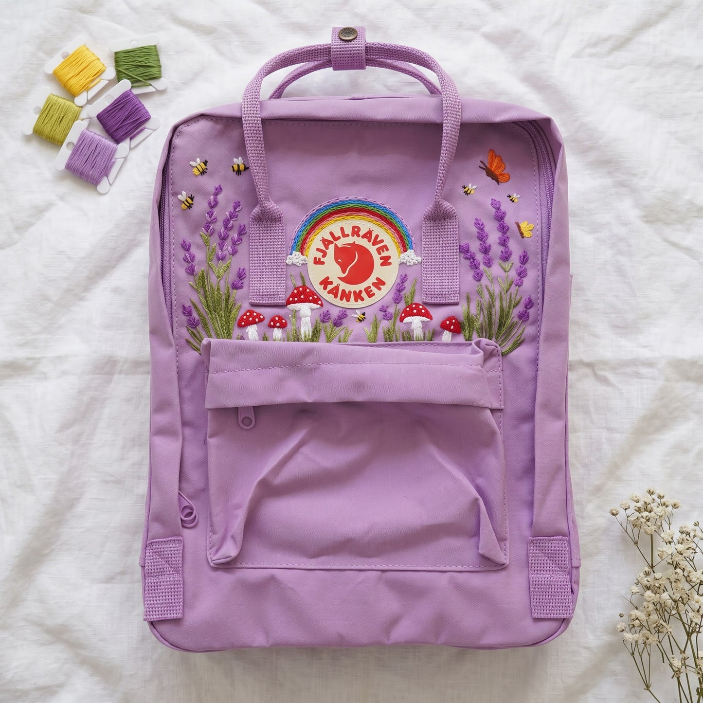 Fjallraven Kanken Rainbow Lavender Mushroom Embroidered Backpack | Lavender Mushroom Cottagecore Backpack | Cute Rainbow Floral School Bag
