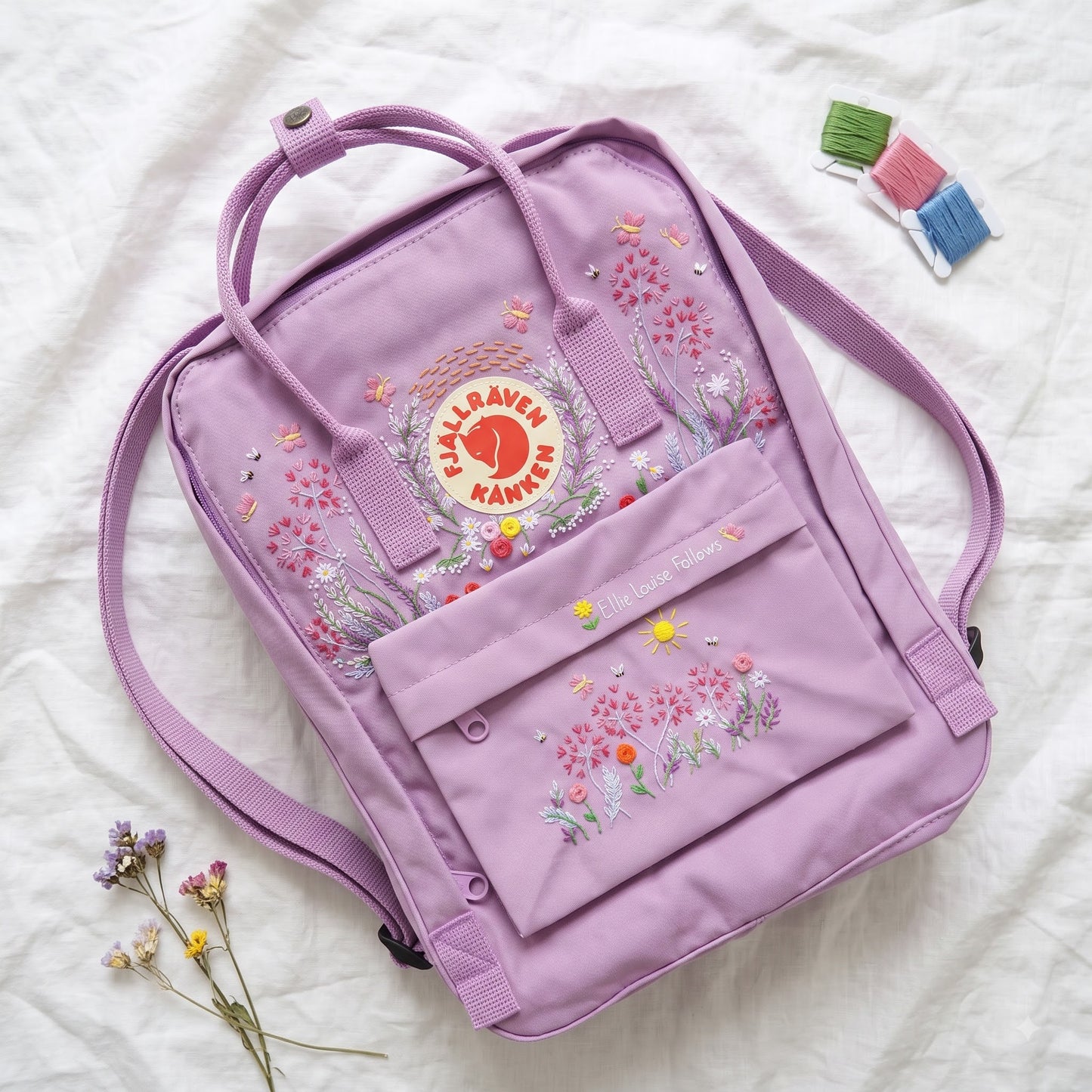 Kanken Backpack Embroidered with Dandelion Flowers / Fjallraven kanken embroidery design Dandelion flowers/ Butterfly and flower embroidered