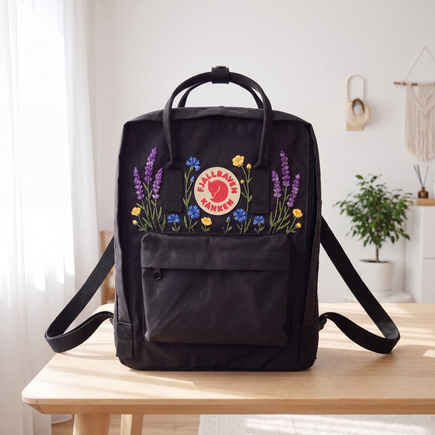 Fjallraven Kanken Backpack Embroidered with Wildflowers, Wildflower Meadow Kanken Backpack, Personalized Custom Kanken Backpack
