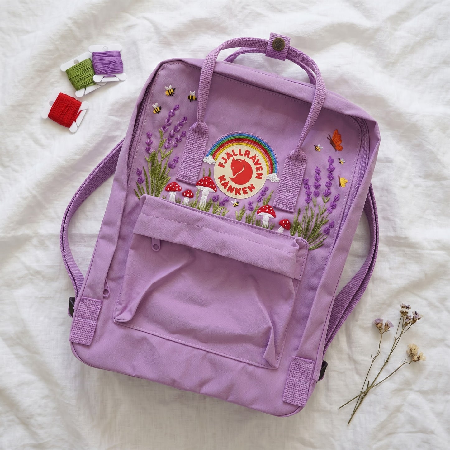Fjallraven Kanken Rainbow Lavender Mushroom Embroidered Backpack | Lavender Mushroom Cottagecore Backpack | Cute Rainbow Floral School Bag