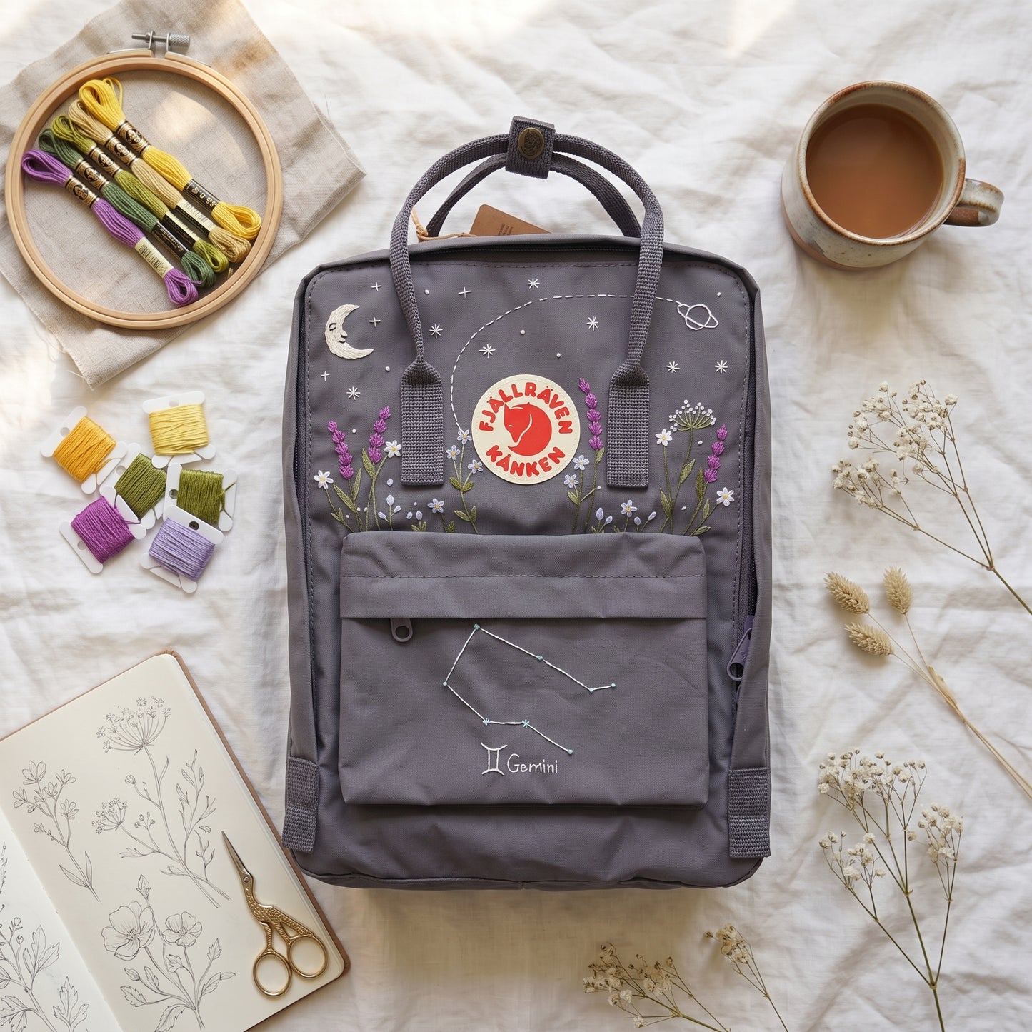 Personalized Fjallraven Kanken Backpack | Gemini Zodiac Embroidered Backpack | Moon & Stars Celestial Kanken Bag | Lavender Backpack