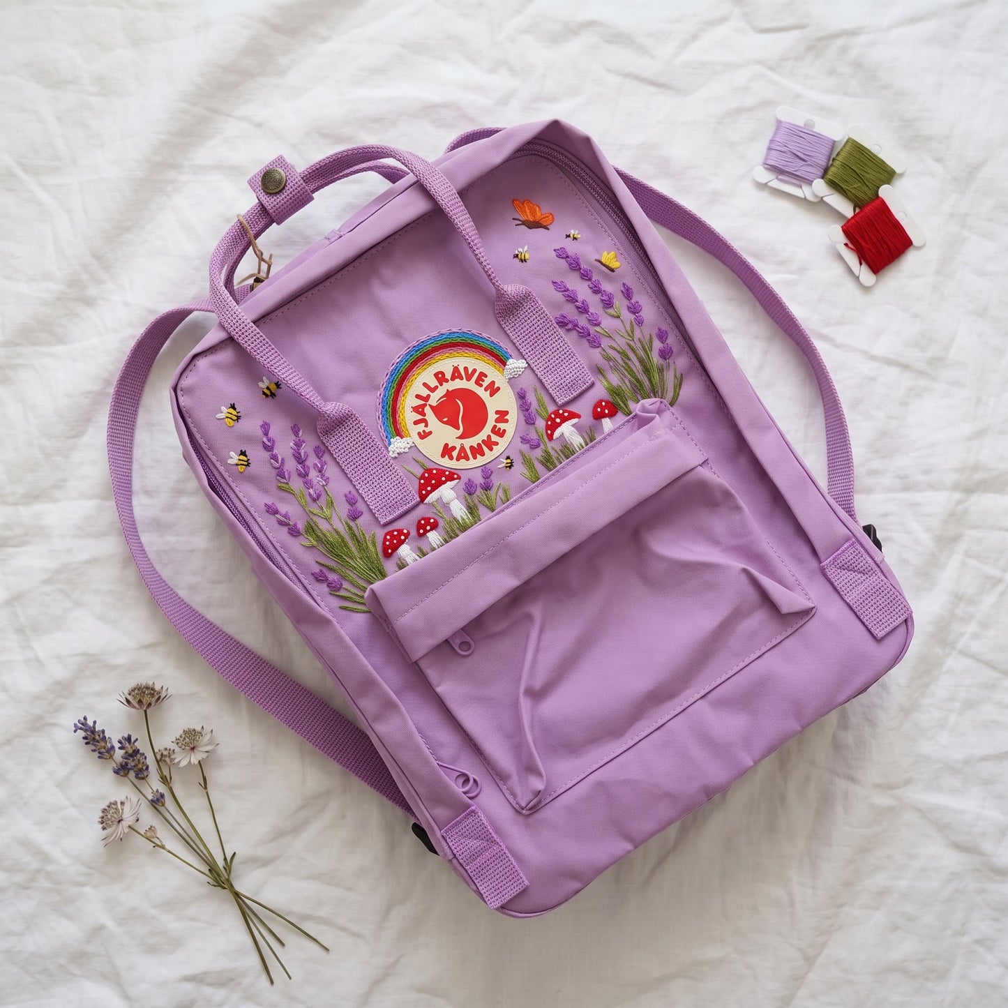 Fjallraven Kanken Rainbow Lavender Mushroom Embroidered Backpack | Lavender Mushroom Cottagecore Backpack | Cute Rainbow Floral School Bag