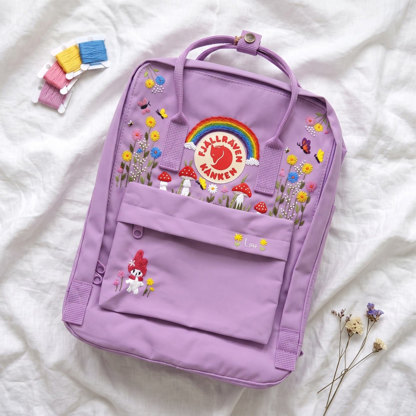 Hand Embroidered Fjallraven Kanken Backpack | Rainbow Mushroom Floral Backpack | Butterfly Wildflower Bag | Personalized Kanken Backpack