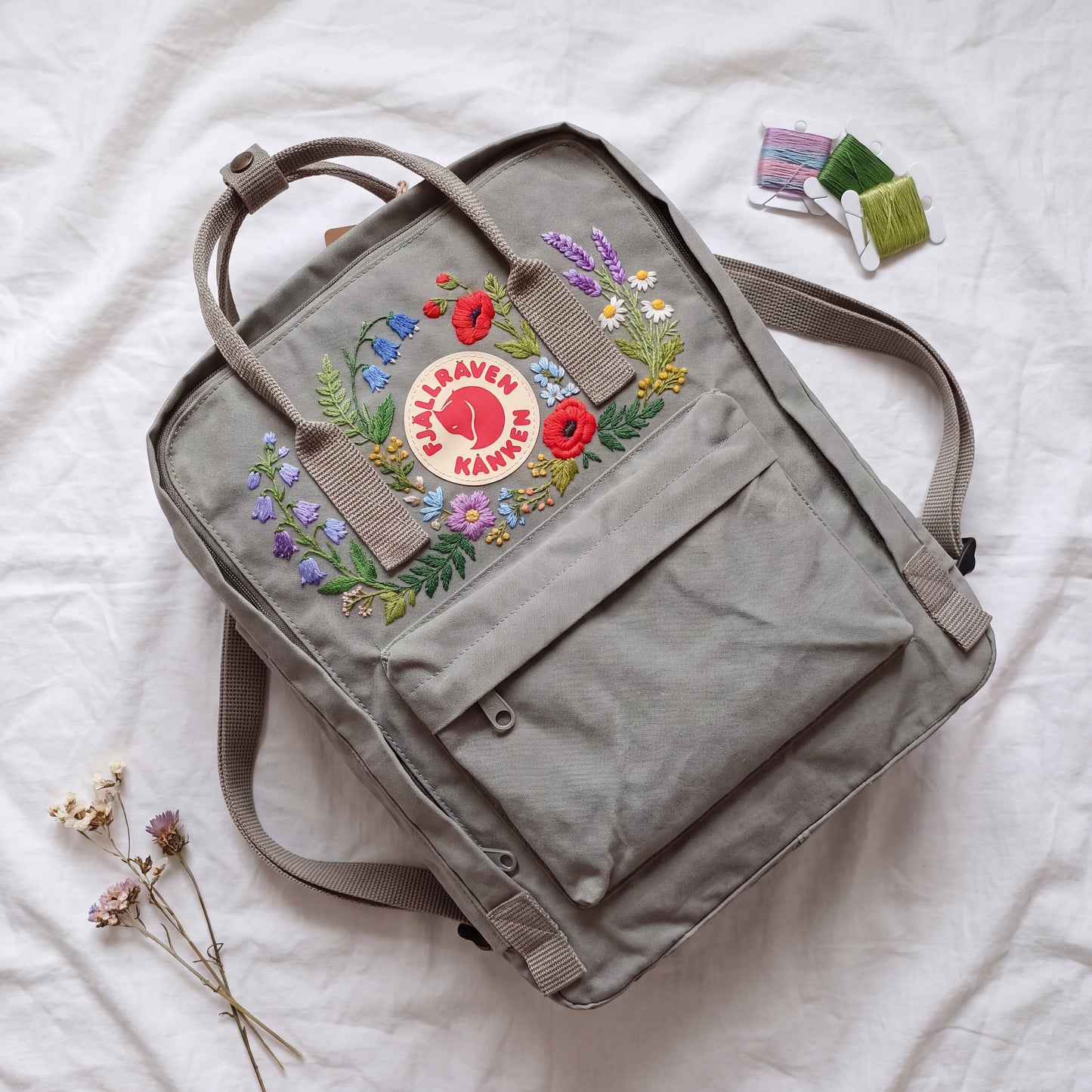 Hand Embroidered Fjallraven Kanken Backpack, Wildflower Floral Backpack, Poppy Bluebell Flower Bag, Custom Personalized Kanken Backpack