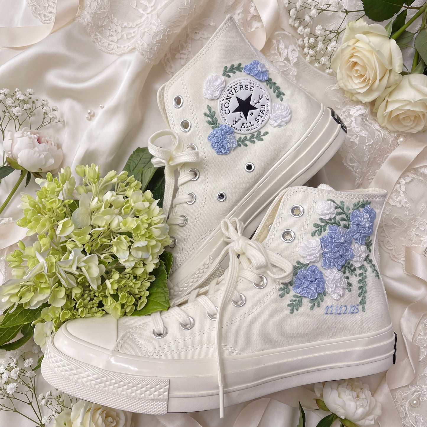 Hand Embroidered Bridal Converse Shoes | Custom Blue Hydrangea Wedding Sneakers | Personalized White Converse Gift for Bride
