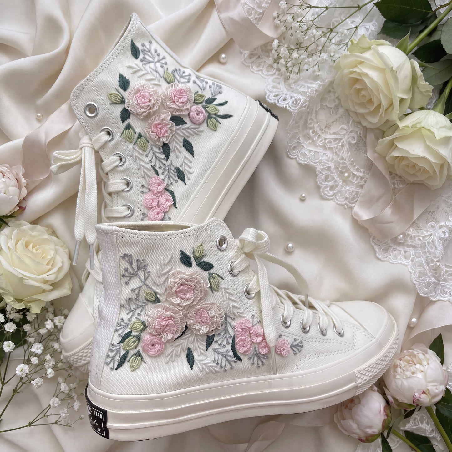 Hand Embroidered Bridal Converse Shoes | Custom Blush Pink Rose Wedding Sneakers | Personalized White Converse Gift for Bride