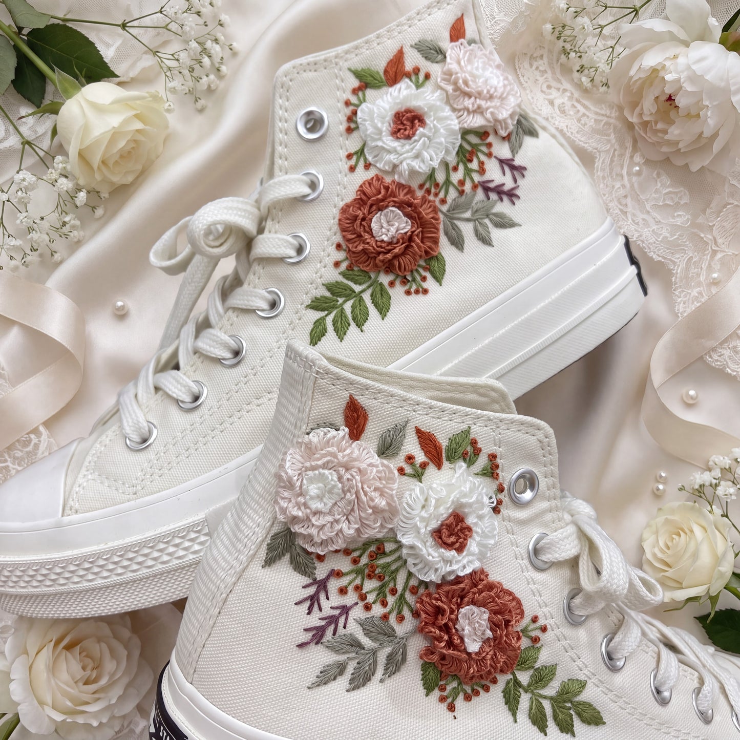 Hand Embroidered Bridal Converse Shoes | Custom Blush & Terracotta Floral Wedding Sneakers | Personalized White Converse Gift for Bride