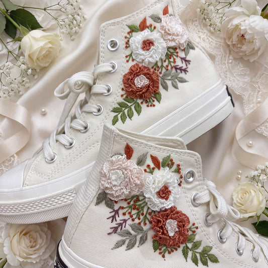 Hand Embroidered Bridal Converse Shoes | Custom Blush & Terracotta Floral Wedding Sneakers | Personalized White Converse Gift for Bride