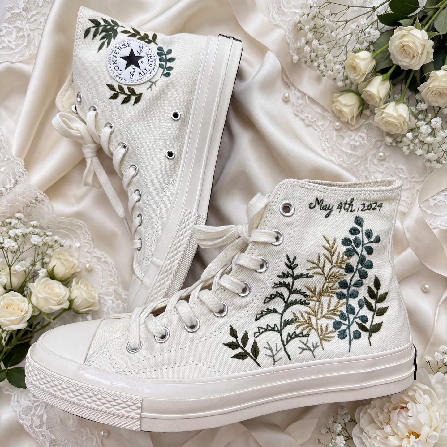 Hand Embroidered Bridal Converse Shoes | Custom Botanical Greenery Wedding Sneakers | Personalized White Converse Gift for Bride