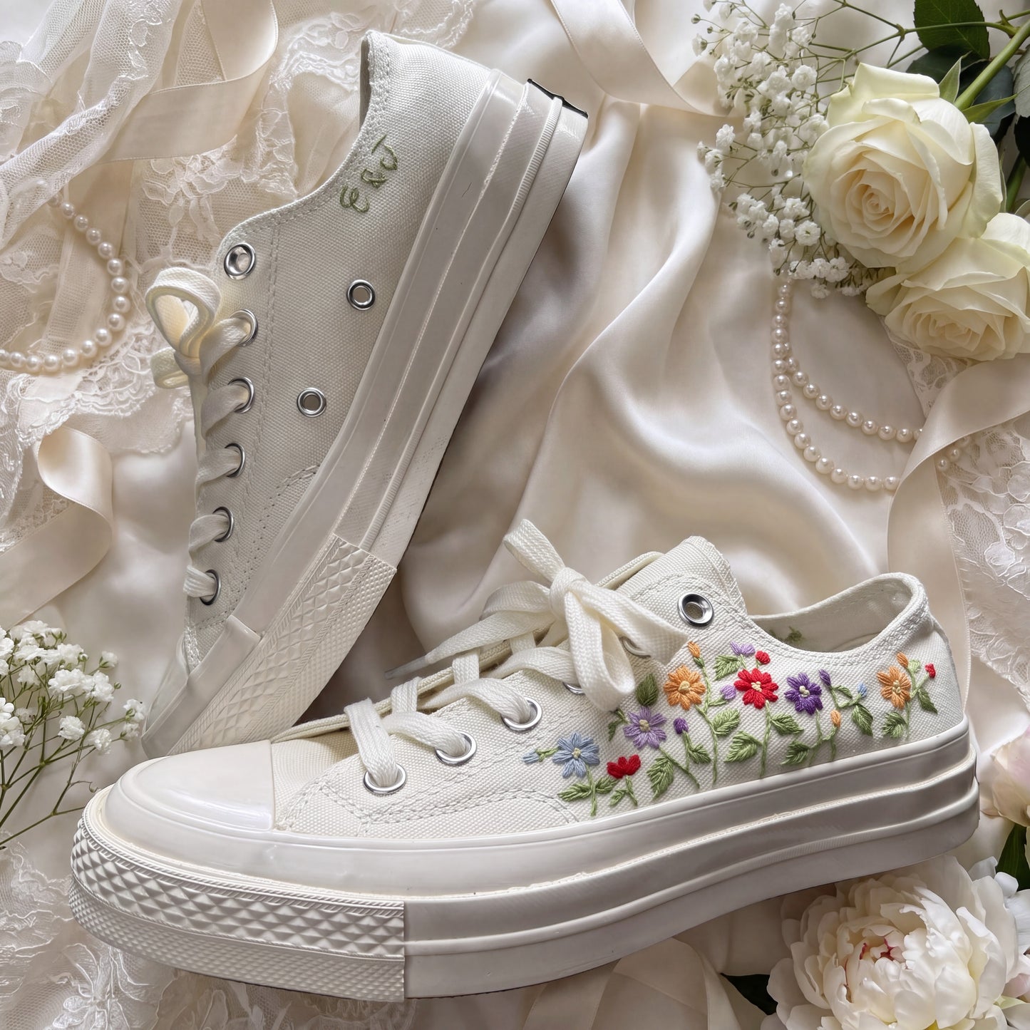 Hand Embroidered Bridal Converse Shoes | Custom Colorful Wildflower Wedding Sneakers | Personalized White Converse Gift for Bride