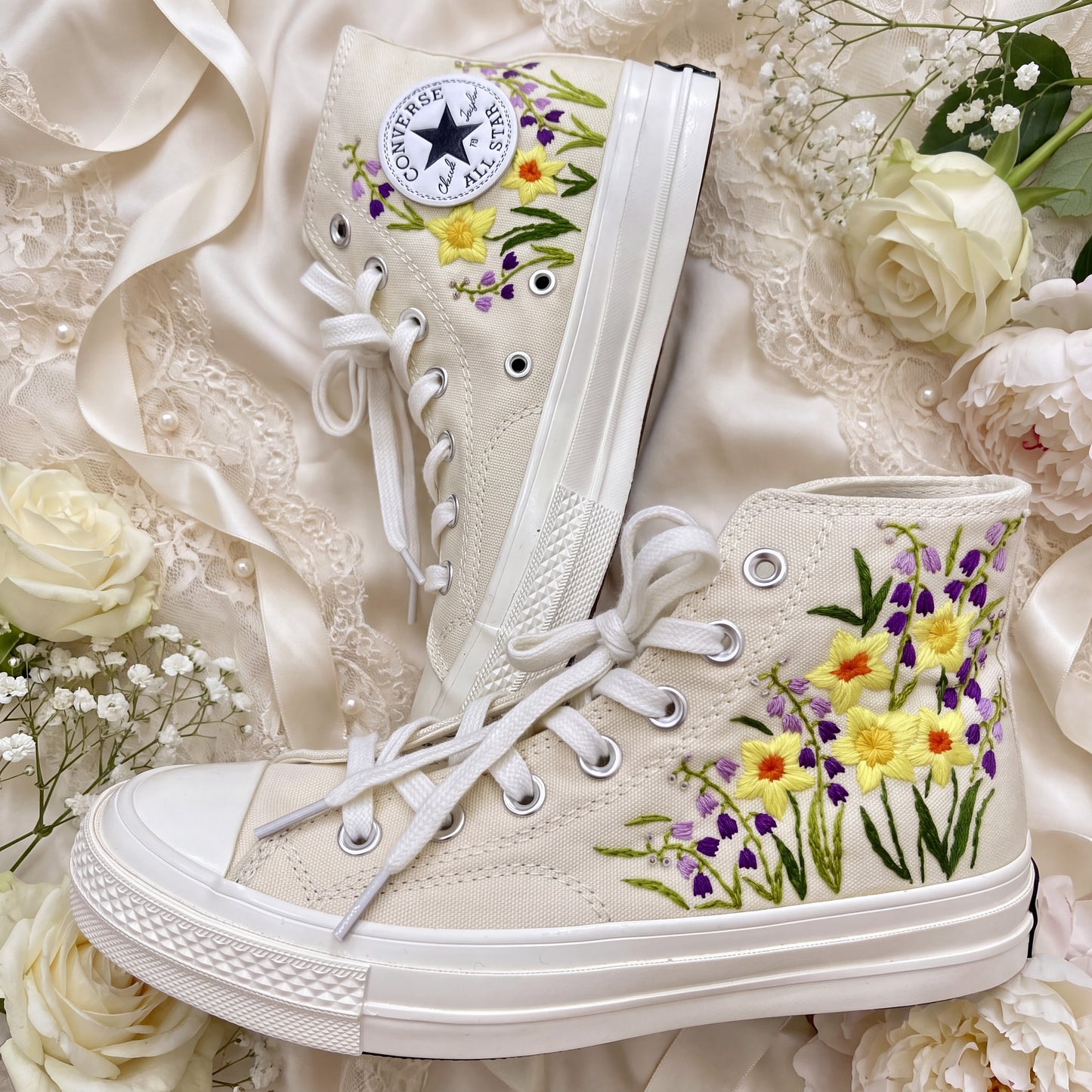 Hand Embroidered Bridal Converse Shoes | Custom Daffodil & Lavender Wedding Sneakers | Personalized White Converse Gift for Bride