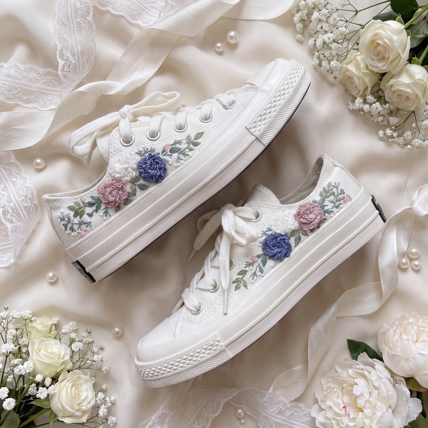 Hand Embroidered Low Top Bridal Converse Shoes | Custom Colorful Wildflower Wedding Sneakers | Personalized White Converse Gift for Bride