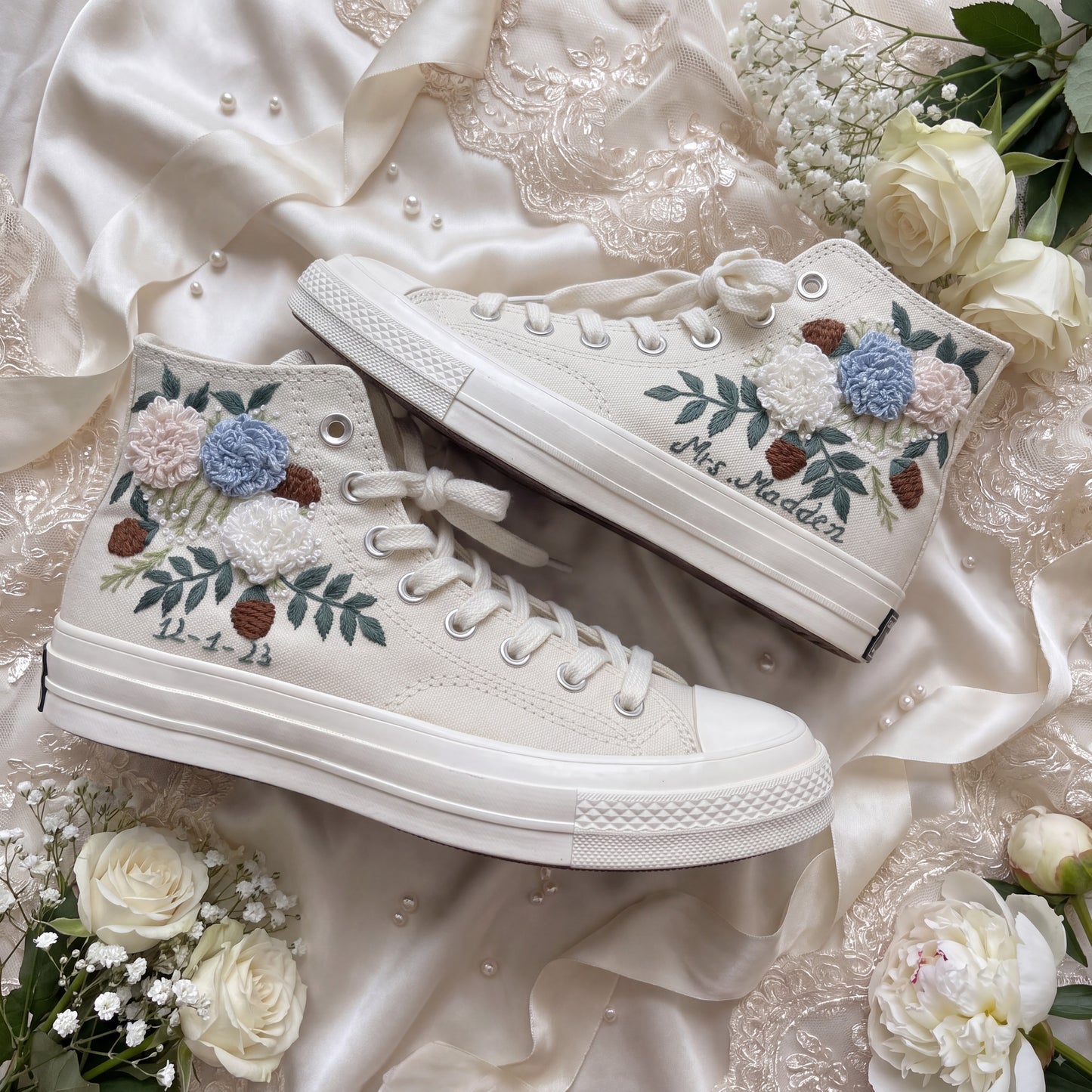 Hand Embroidered Bridal Converse Shoes | Custom Multicolor Hydrangea Wedding Sneakers | Personalized White Converse Gift for Bride