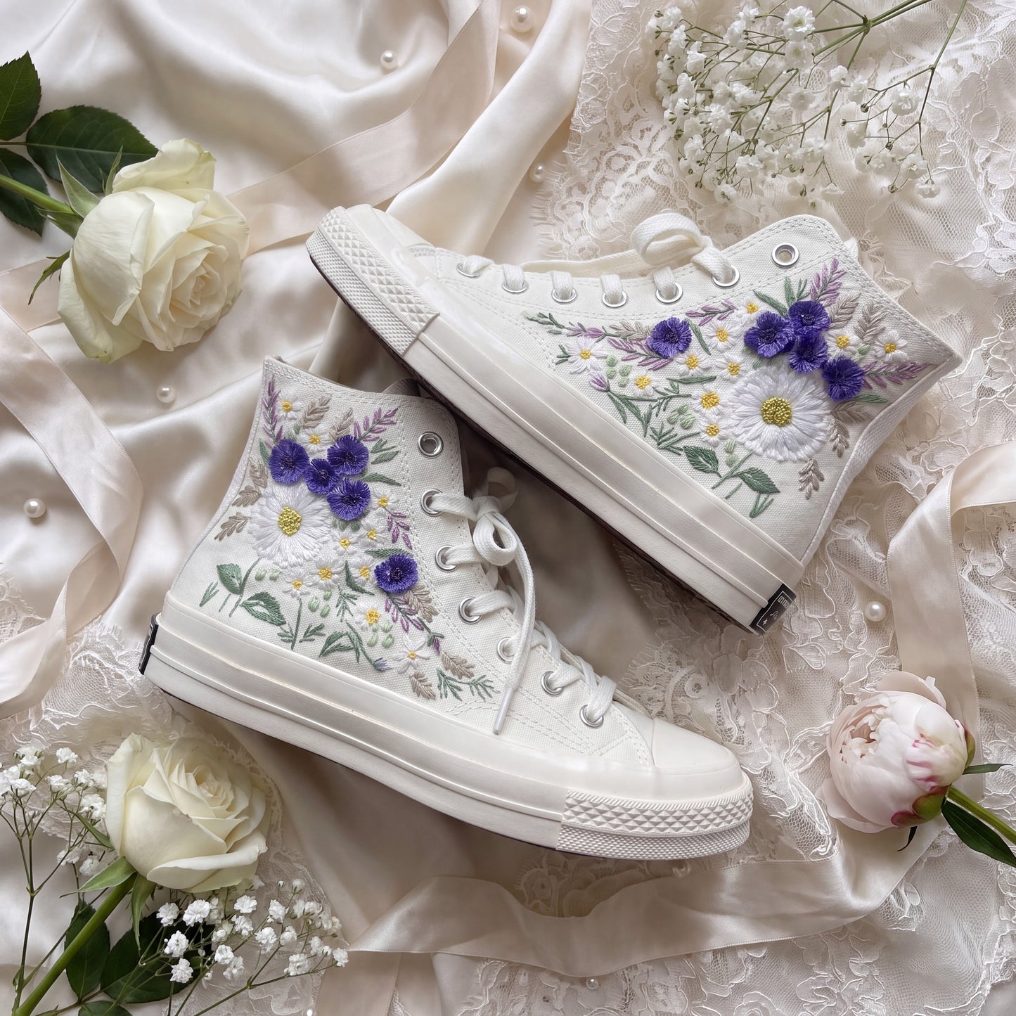 Hand Embroidered Bridal Converse Shoes | Custom Purple Wildflower Wedding Sneakers | Personalized White Converse Gift for Bride