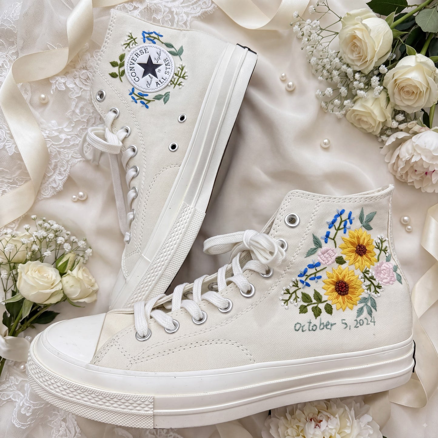 Hand Embroidered Bridal Converse Shoes | Custom Sunflower Wedding Sneakers | Personalized White Converse Gift for Bride