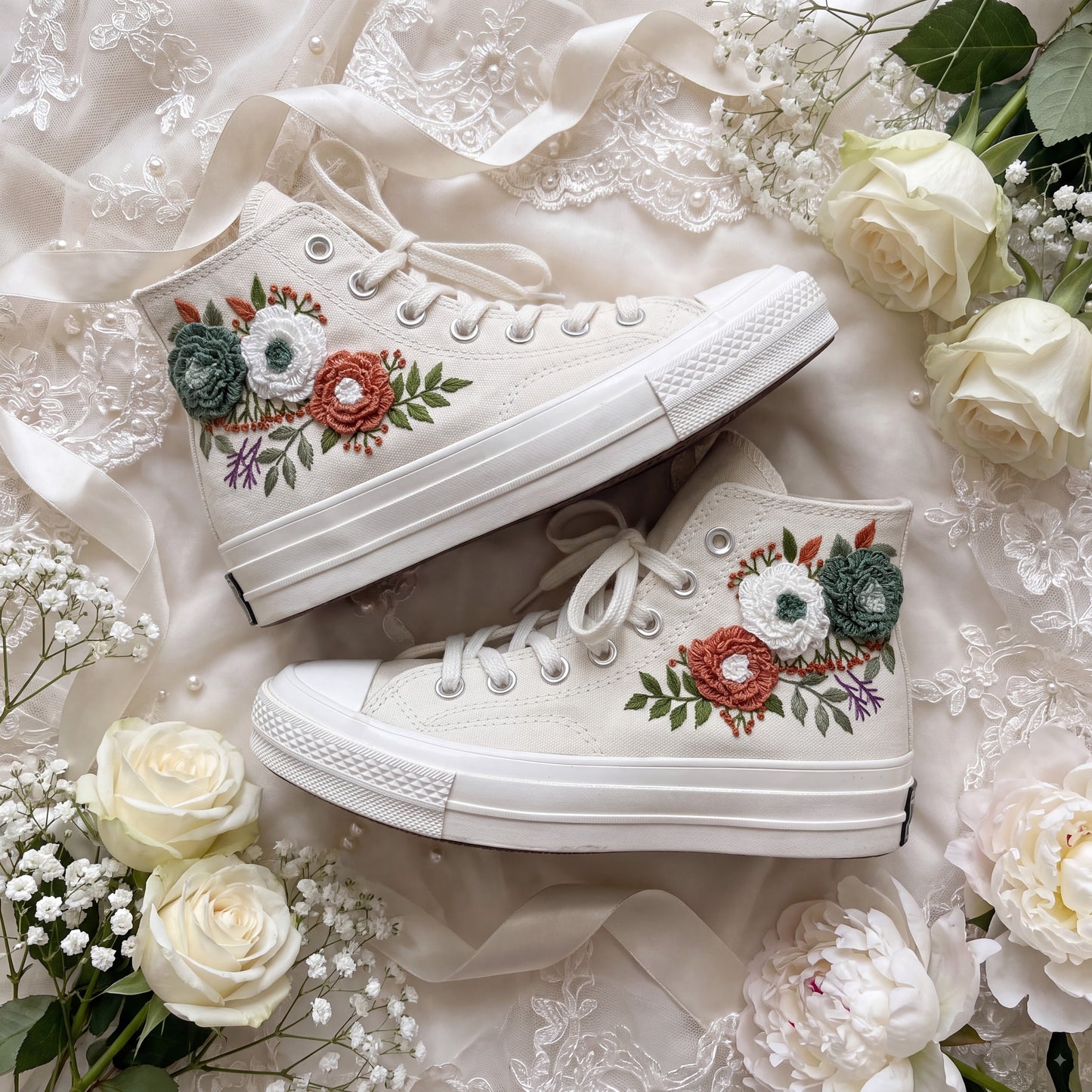 Hand Embroidered Bridal Converse Shoes | Custom Vintage Floral Wedding Sneakers | Personalized White Converse Gift for Bride