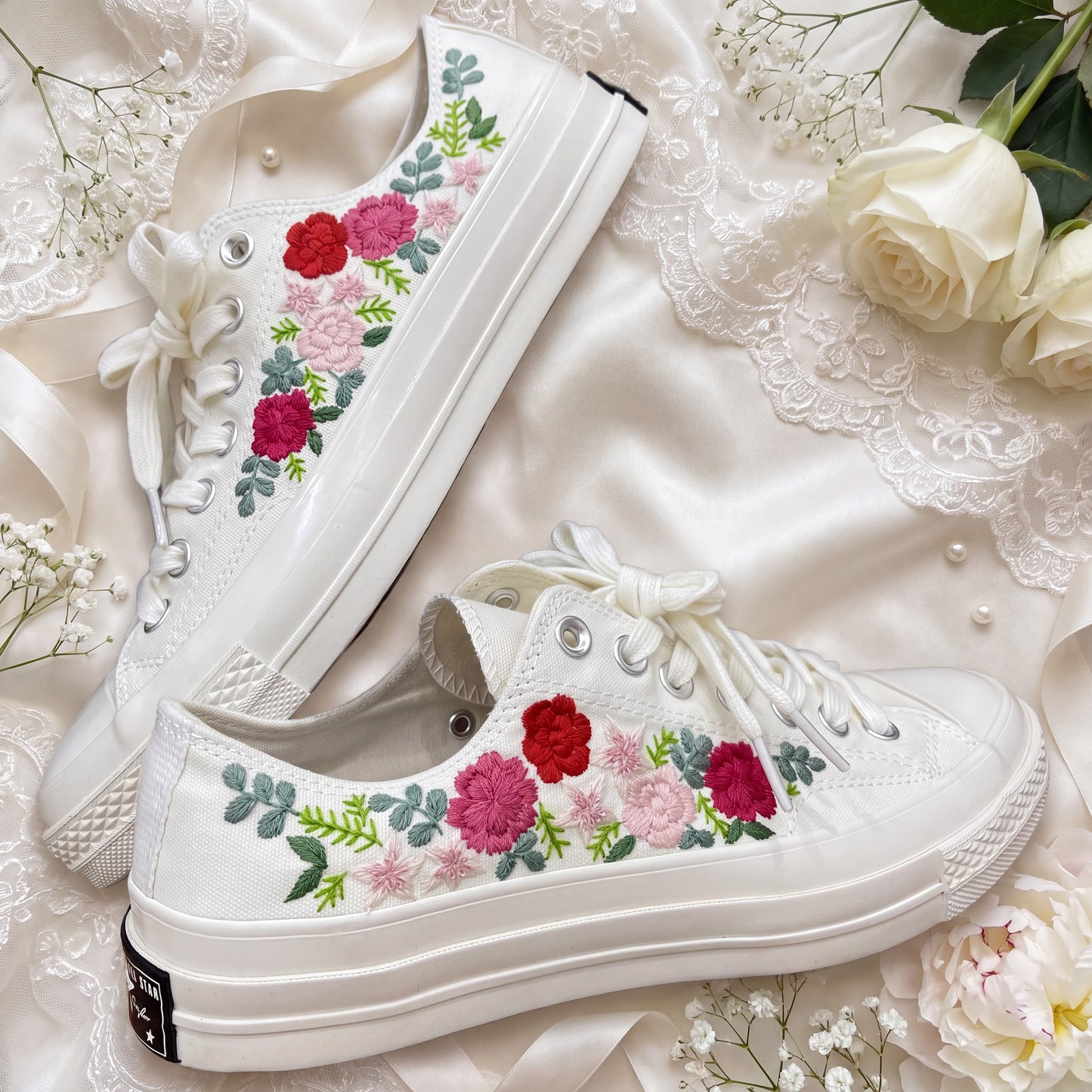 Hand Embroidered Bridal Converse Shoes | Custom Floral Wedding Sneakers | Personalized White Converse Gift for Bride