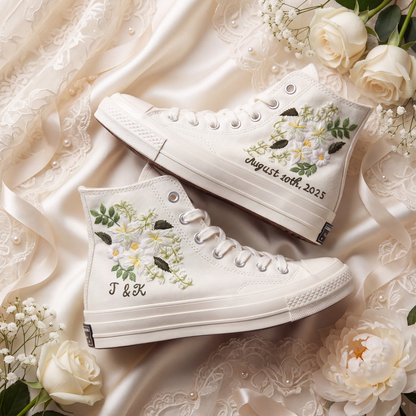 Hand Embroidered Bridal Converse Shoes | Custom White Jasmine Wedding Sneakers | Personalized White Converse Gift for Bride