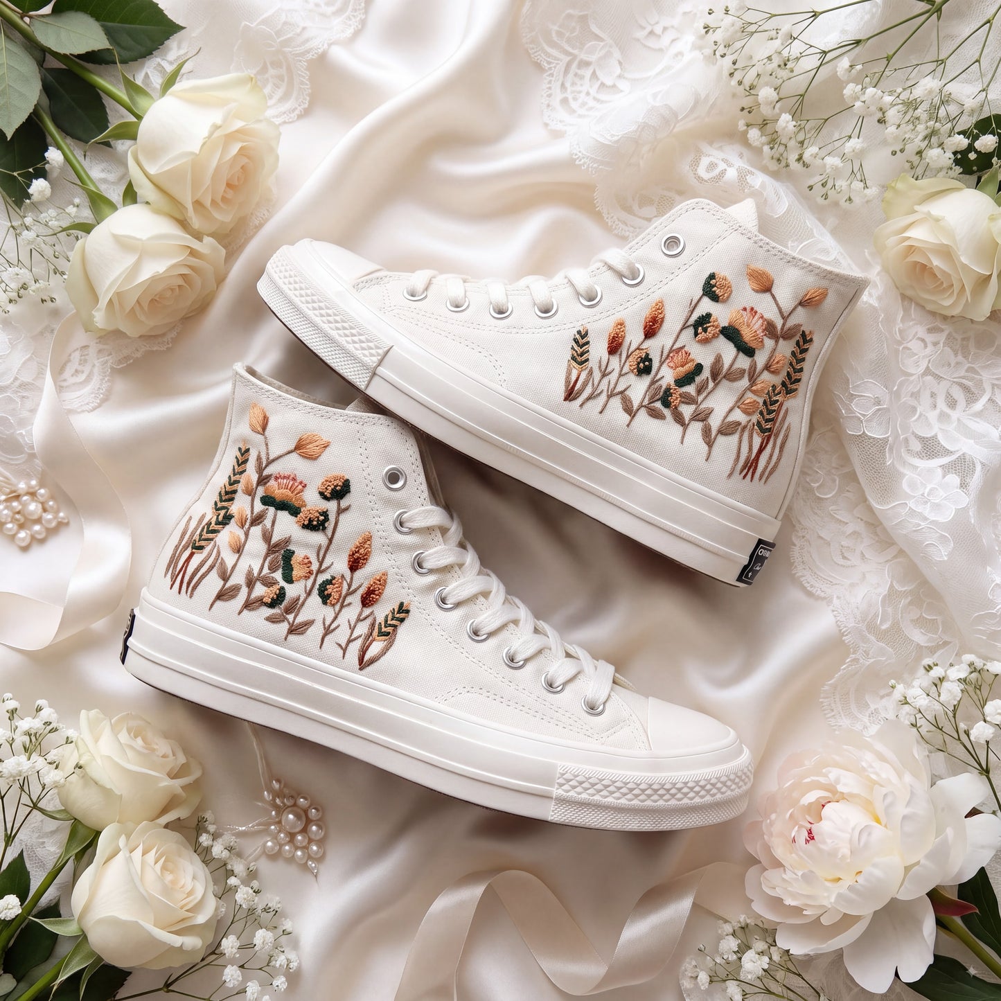 Hand Embroidered Wildflower Bridal Converse Shoes | Custom Botanical Wedding Sneakers | Personalized White Converse Gift for Bride