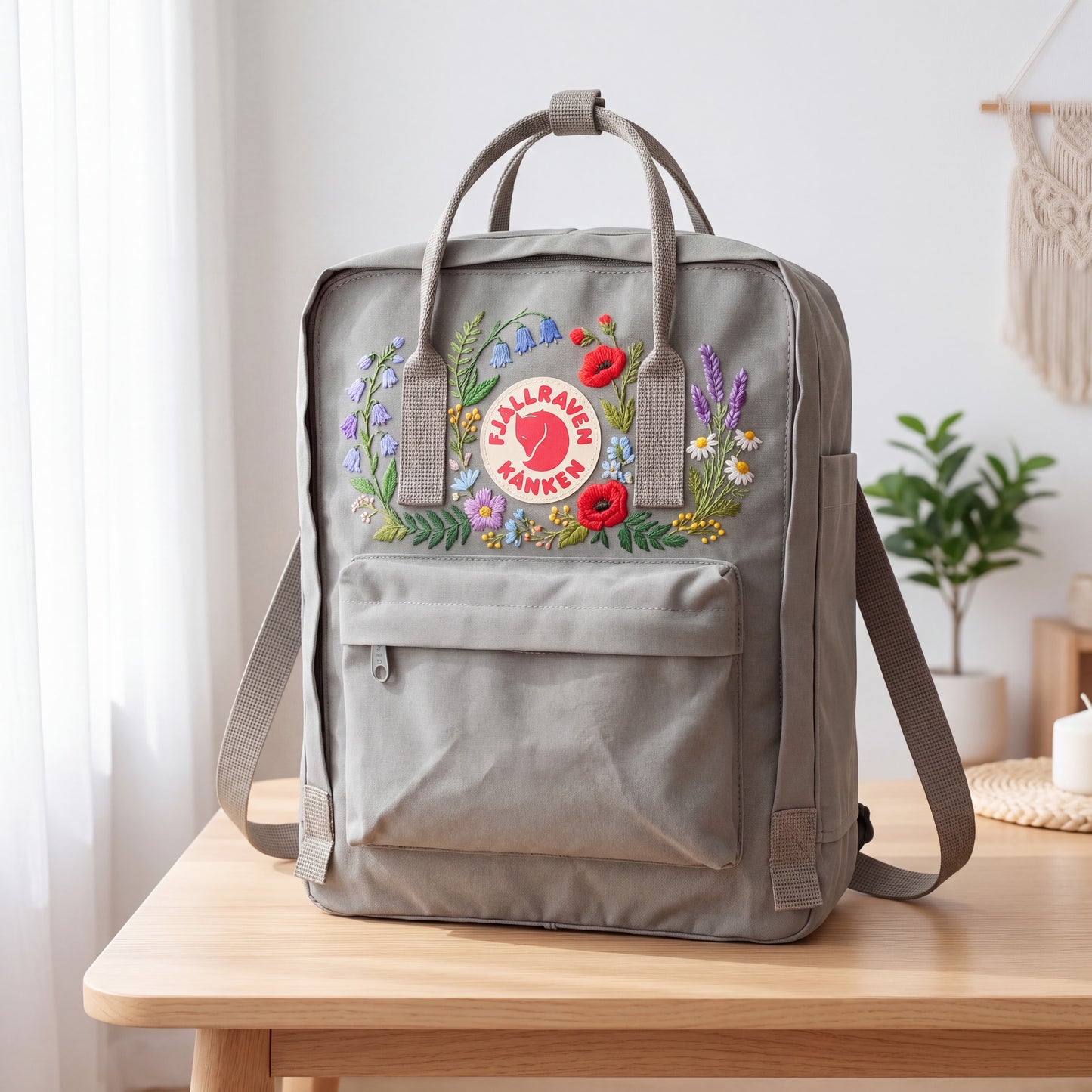 Hand Embroidered Fjallraven Kanken Backpack, Wildflower Floral Backpack, Poppy Bluebell Flower Bag, Custom Personalized Kanken Backpack
