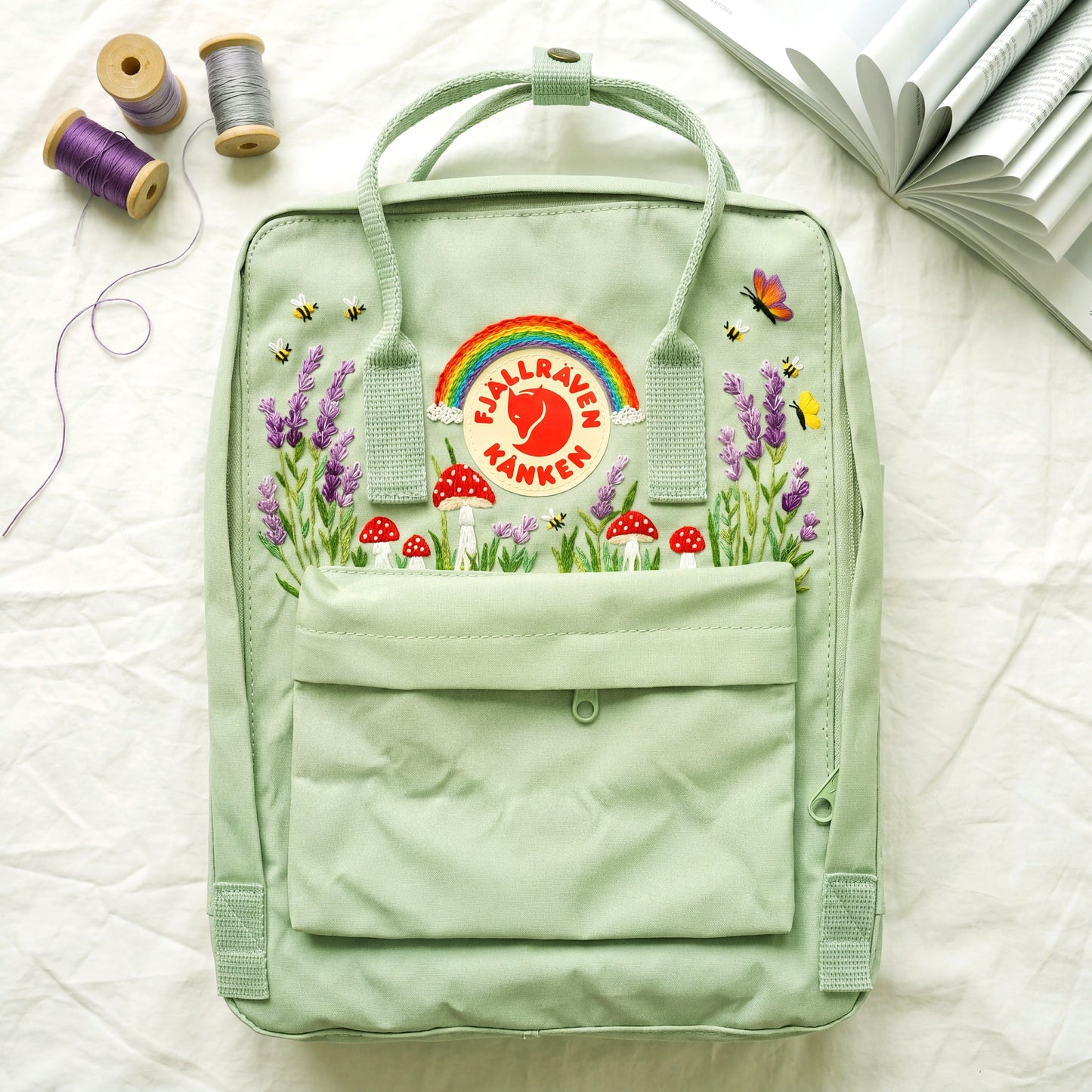 Fjallraven Kanken Rainbow Lavender Mushroom Embroidered Backpack | Lavender Mushroom Cottagecore Backpack | Cute Rainbow Floral School Bag