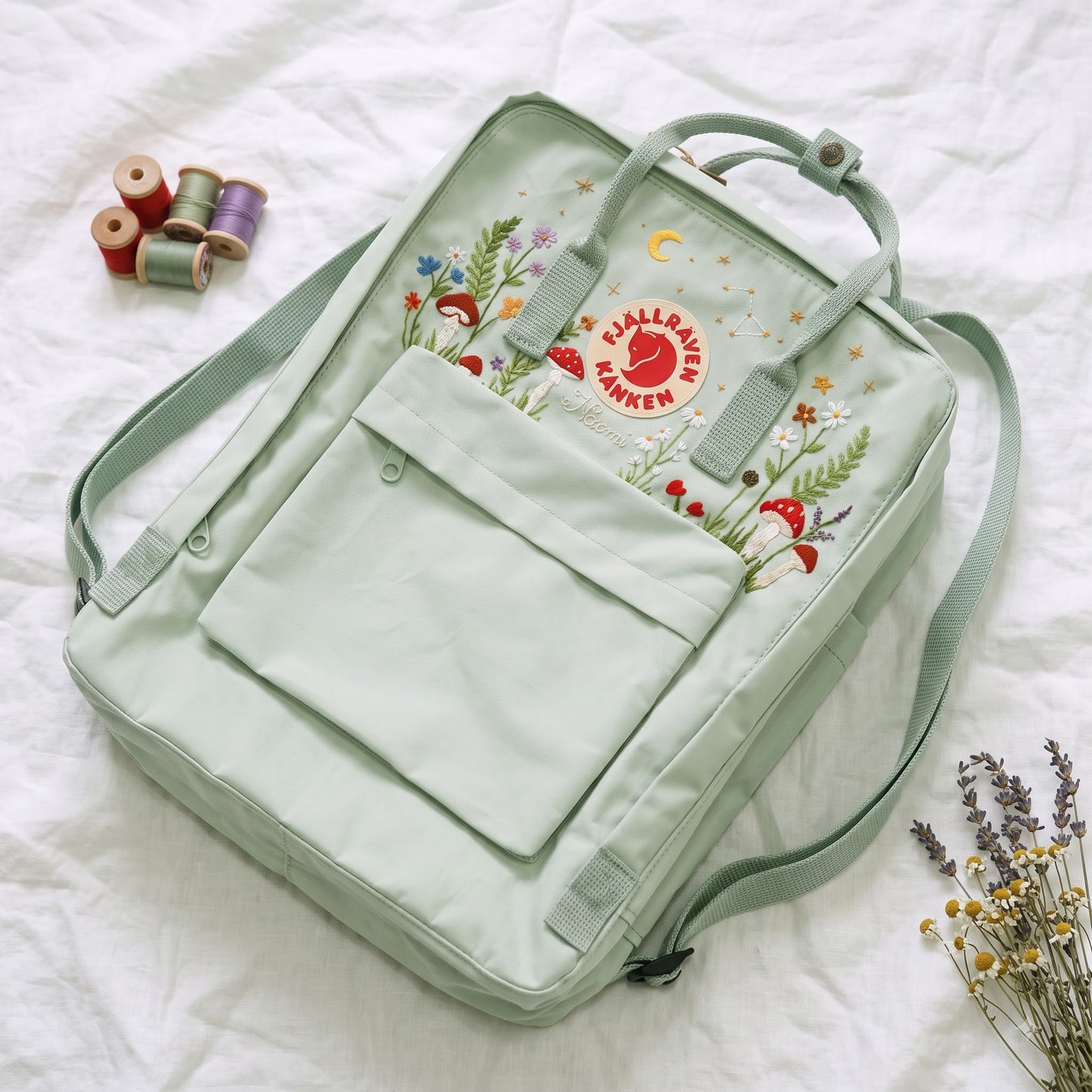 Fjallraven Kanken Backpack Embroidered with Mushrooms and Wildflowers | Mushroom & Floral Design Backpack | Personalized Custom Kanken