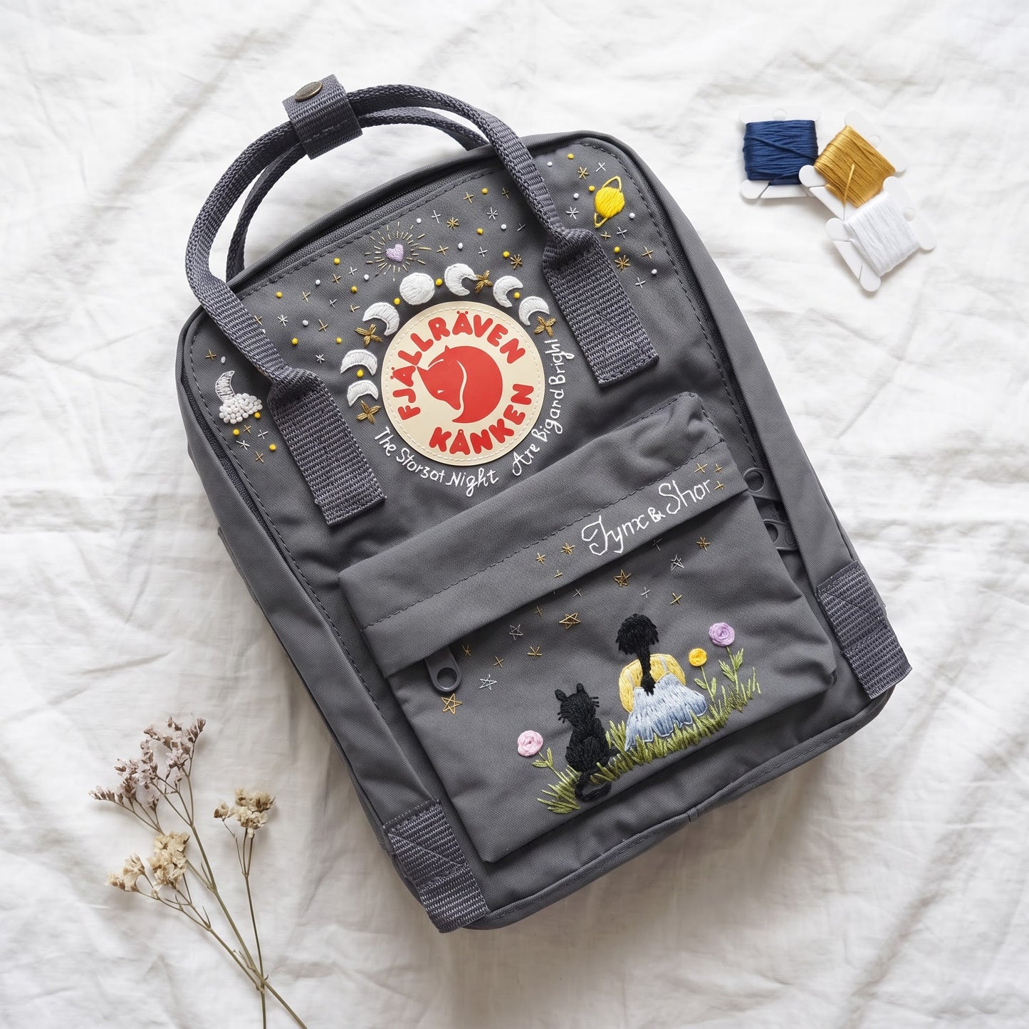 Personalized Fjallraven Kanken Celestial Backpack | Embroidered Moon Phases Kanken Bag | Custom Starry Night Cottagecore Backpack|Cosmic Cat