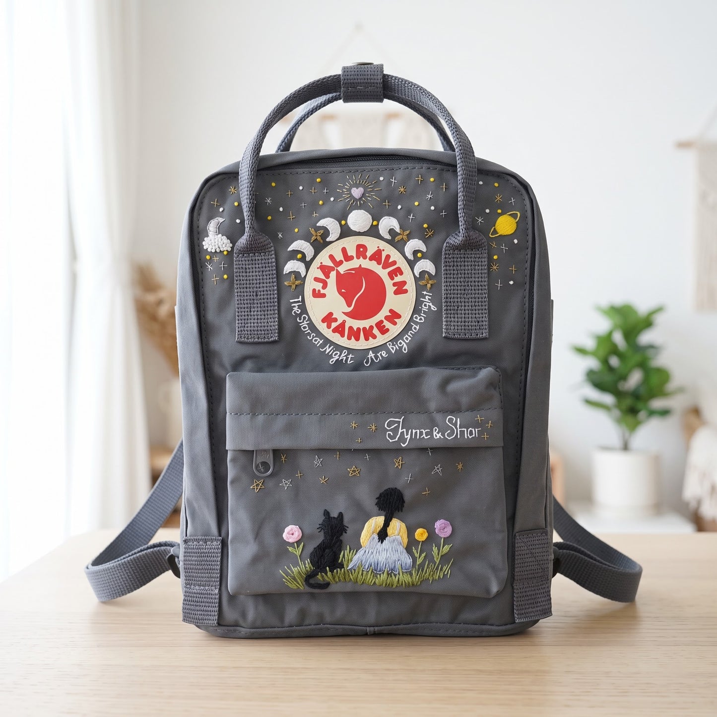 Personalized Fjallraven Kanken Celestial Backpack | Embroidered Moon Phases Kanken Bag | Custom Starry Night Cottagecore Backpack|Cosmic Cat