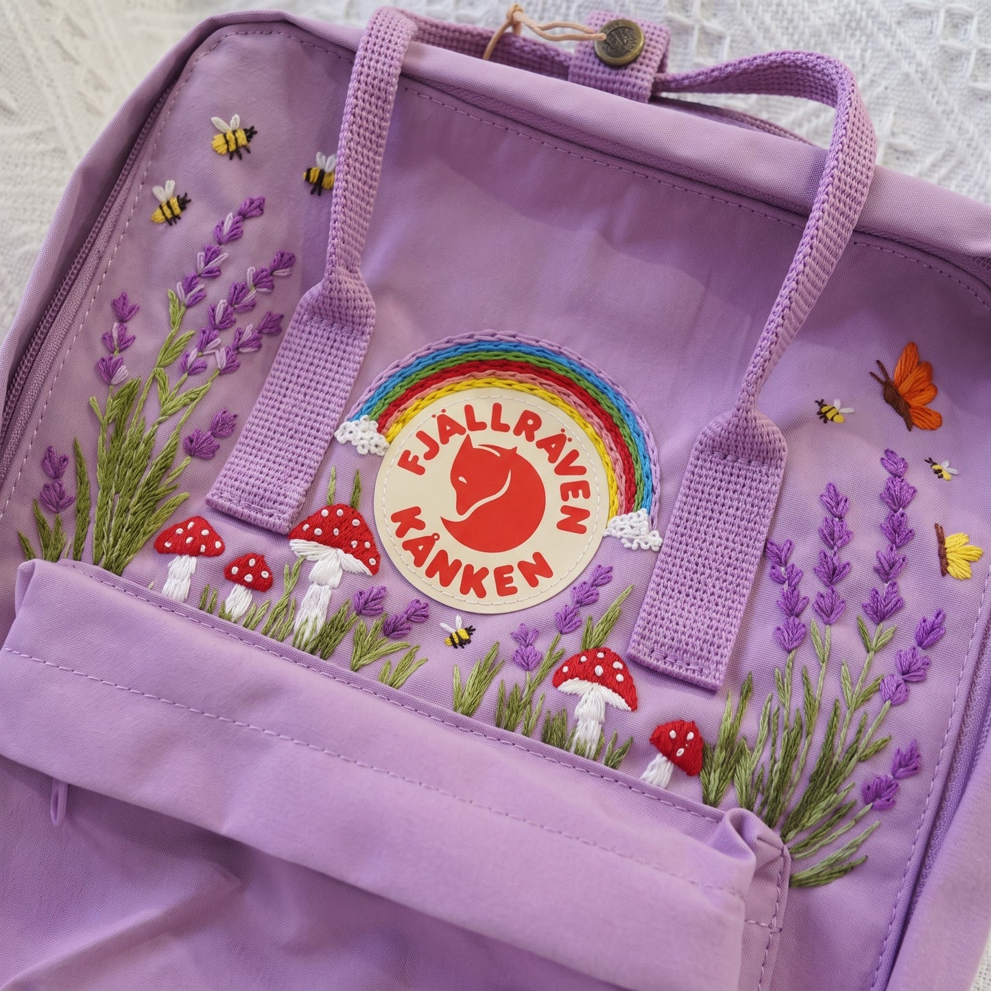 Fjallraven Kanken Rainbow Lavender Mushroom Embroidered Backpack | Lavender Mushroom Cottagecore Backpack | Cute Rainbow Floral School Bag