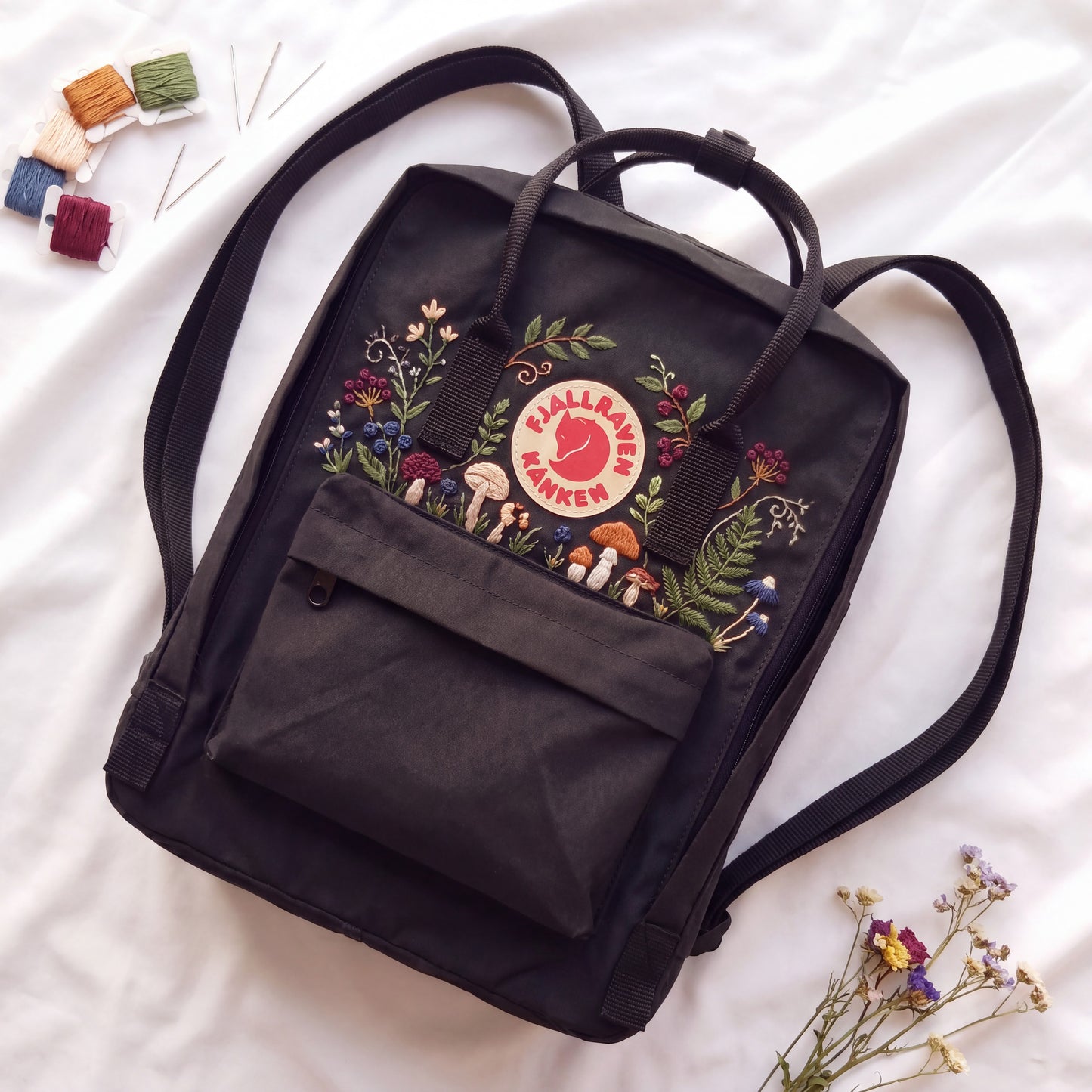 Hand Embroidered Fjallraven Kanken Backpack, Mushroom Floral Backpack, Cottagecore Forest Bag, Custom Personalized Kanken Backpack