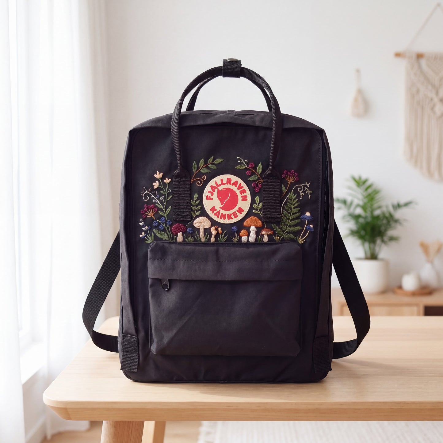 Hand Embroidered Fjallraven Kanken Backpack, Mushroom Floral Backpack, Cottagecore Forest Bag, Custom Personalized Kanken Backpack