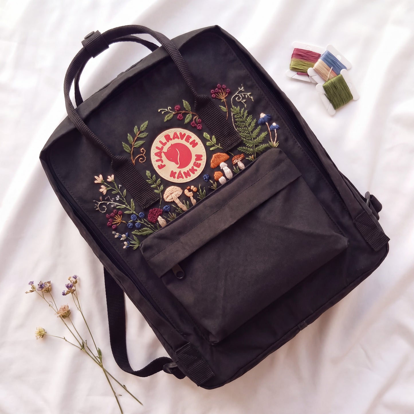 Hand Embroidered Fjallraven Kanken Backpack, Mushroom Floral Backpack, Cottagecore Forest Bag, Custom Personalized Kanken Backpack