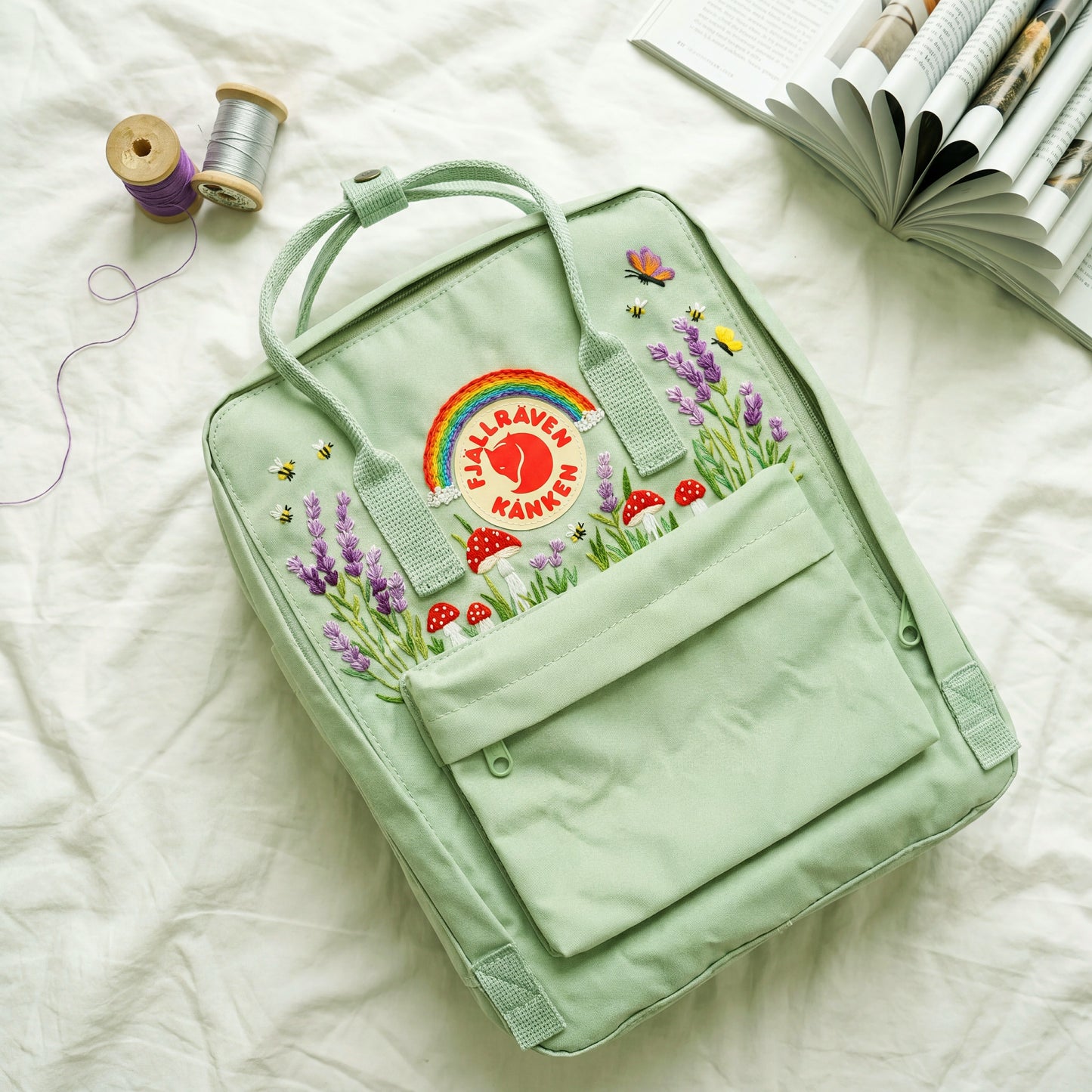 Fjallraven Kanken Rainbow Lavender Mushroom Embroidered Backpack | Lavender Mushroom Cottagecore Backpack | Cute Rainbow Floral School Bag