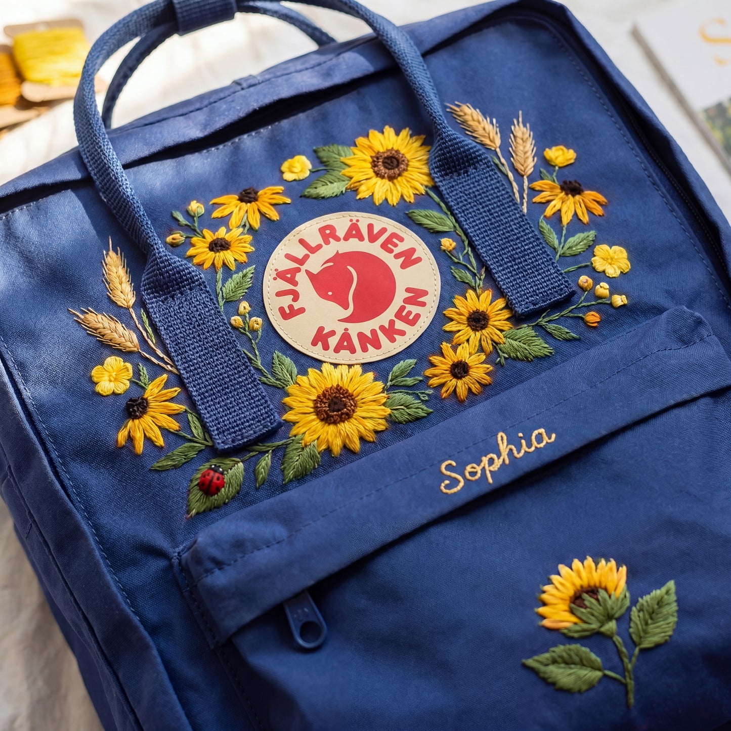 Personalized Fjallraven Kanken Sunflower Backpack, Custom Name Embroidered Kanken Bag, Embroidered Sunflower Garden School Backpack
