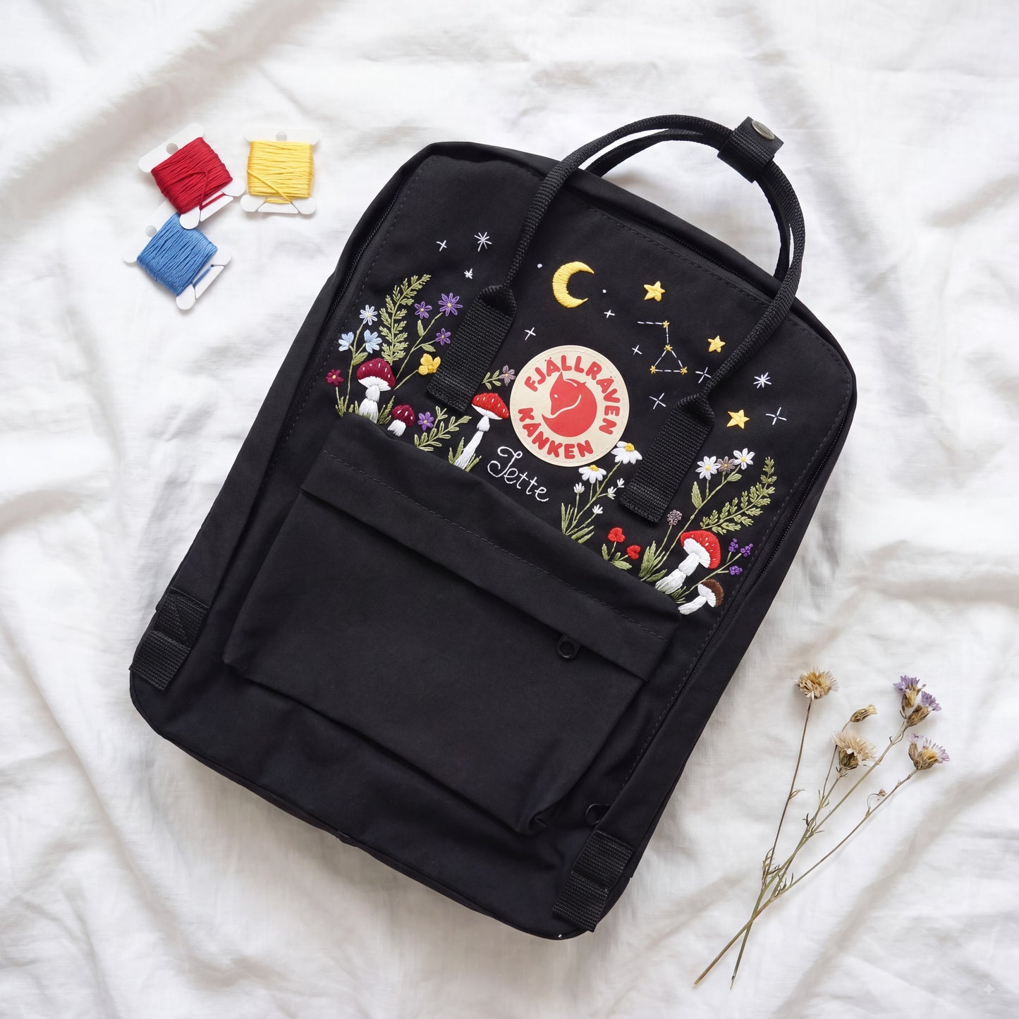 Fjallraven Kanken Backpack Embroidered with Mushrooms and Wildflowers | Mushroom & Floral Design Backpack | Personalized Custom Kanken