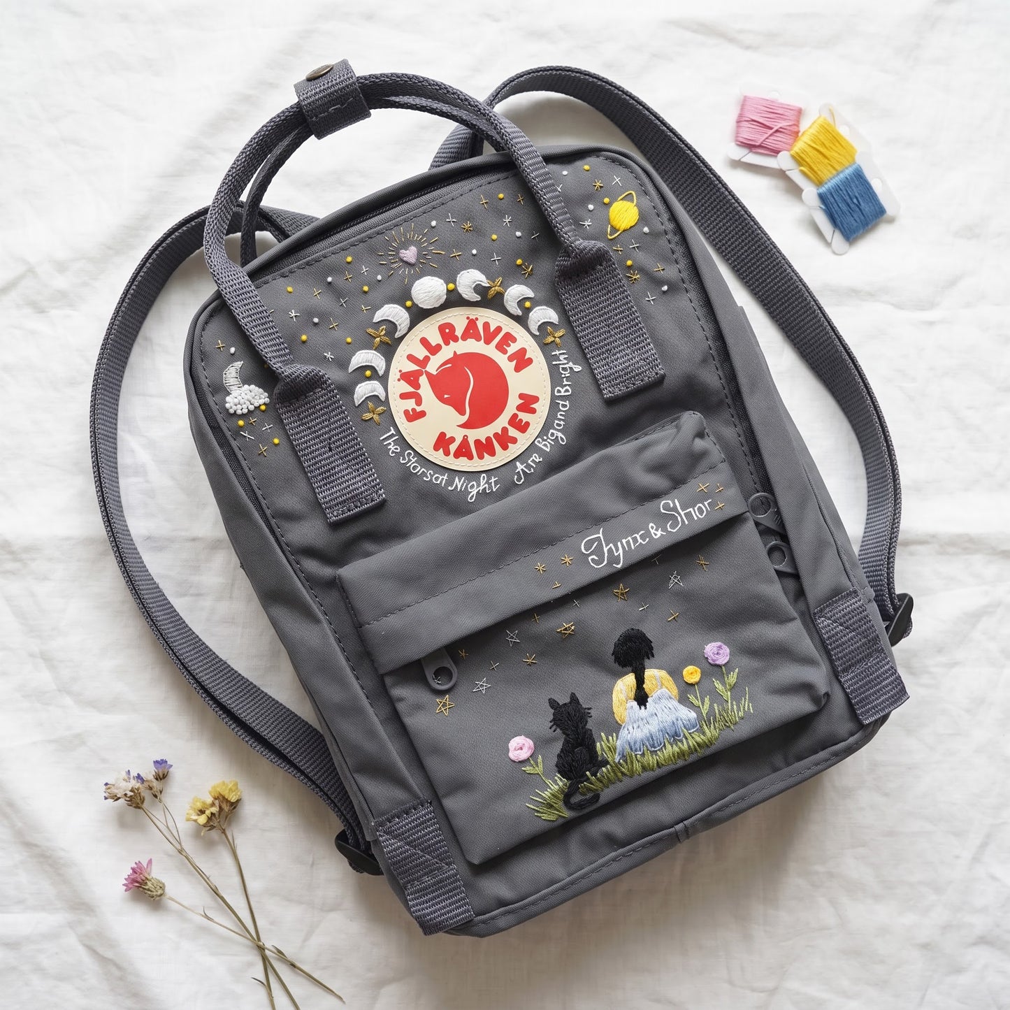 Personalized Fjallraven Kanken Celestial Backpack | Embroidered Moon Phases Kanken Bag | Custom Starry Night Cottagecore Backpack|Cosmic Cat