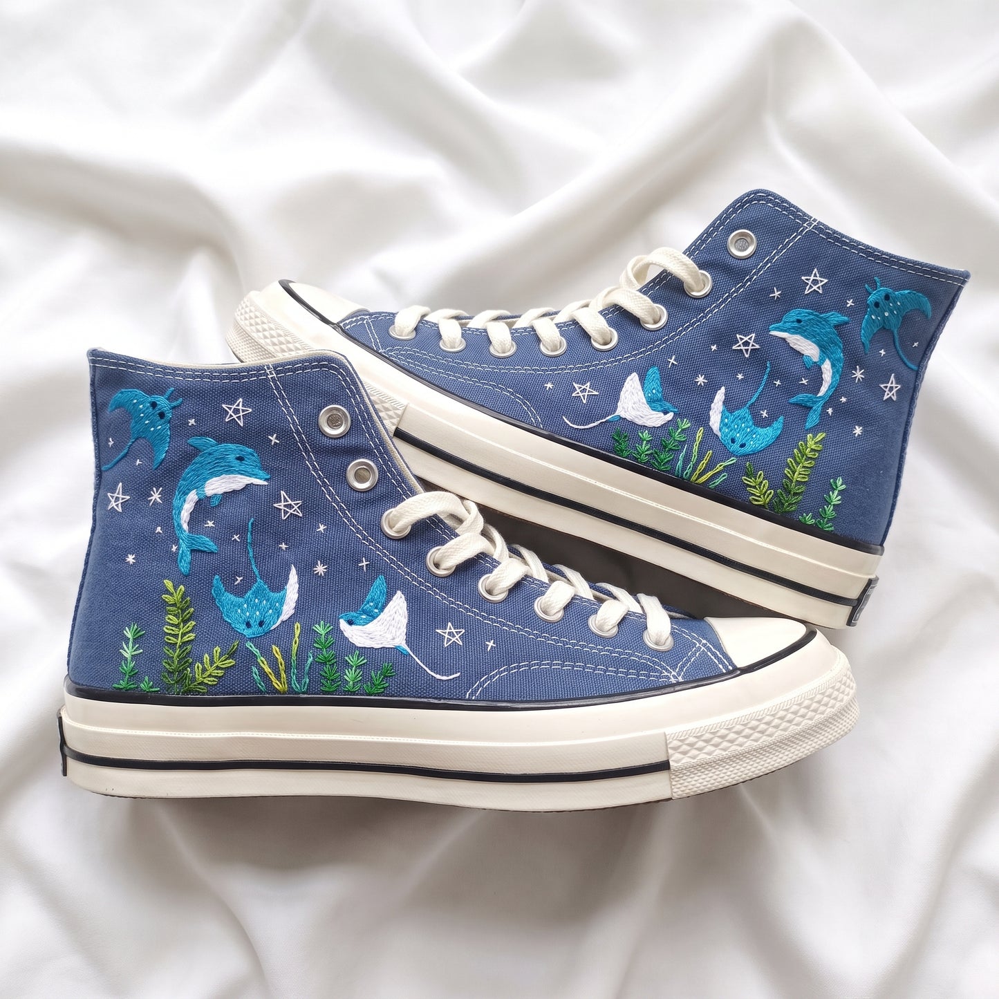 Hand Embroidered Ocean Converse Shoes | Custom Dolphin & Stingray Sneakers | Personalized Gift for Ocean Lovers
