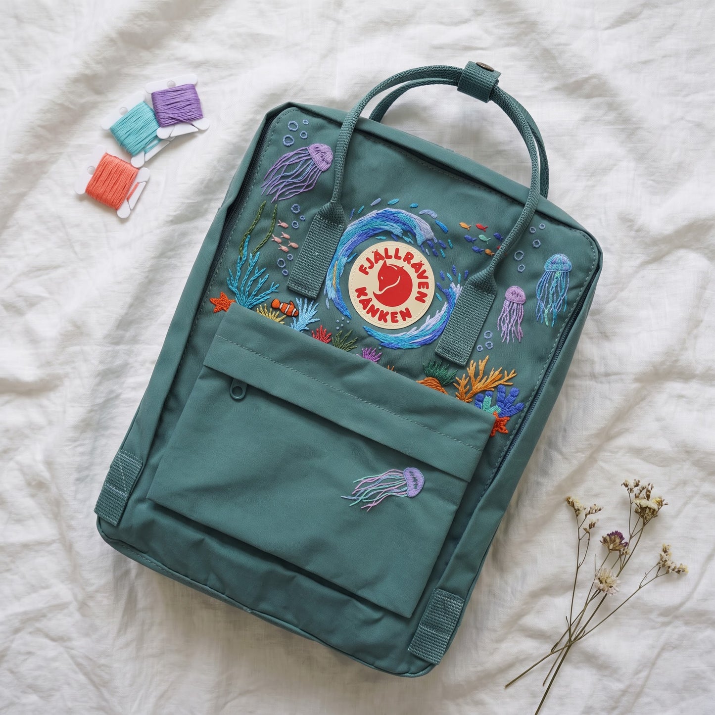 Embroidered Fjallraven Kanken Backpack Jellyfish Coral | Ocean Aesthetic Backpack | Marine Life Underwater Bag