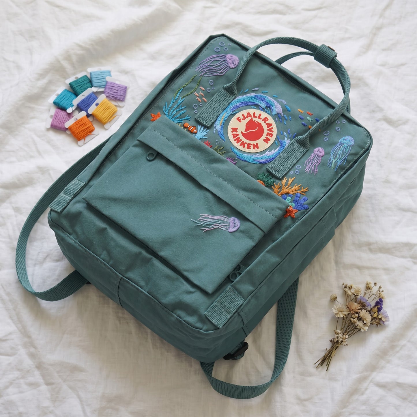 Embroidered Fjallraven Kanken Backpack Jellyfish Coral | Ocean Aesthetic Backpack | Marine Life Underwater Bag