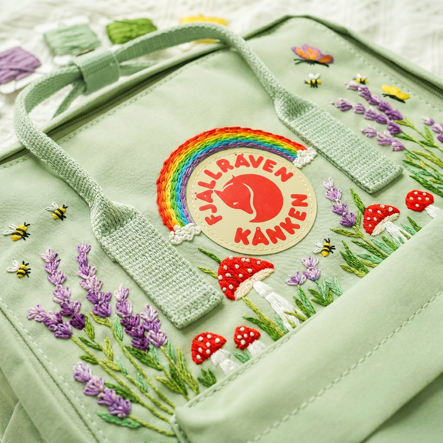 Fjallraven Kanken Rainbow Lavender Mushroom Embroidered Backpack | Lavender Mushroom Cottagecore Backpack | Cute Rainbow Floral School Bag