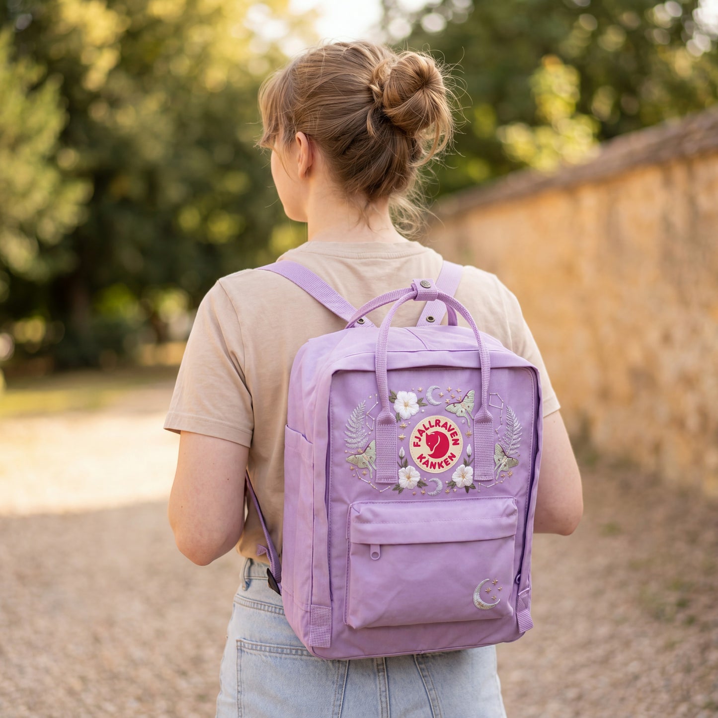 Custom Embroidered Fjallraven Kanken Backpack | Luna Moth, Moon & Stars Design | Personalized Celestial Backpack | Witchy Aesthetic Gift
