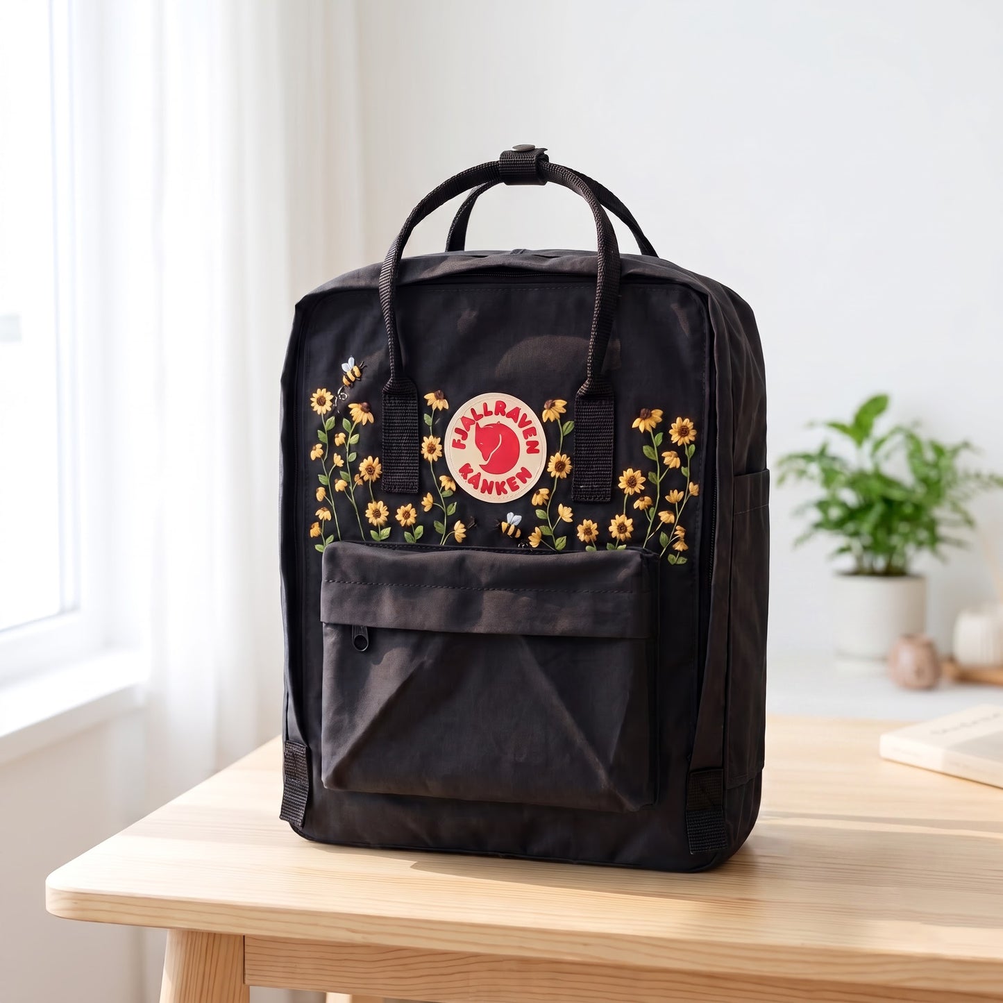 Personalized Fjallraven Kanken Sunflower Backpack | Embroidered Wildflower & Bee Kanken Bag | Handmade Floral Backpack | Garden Lover Gift